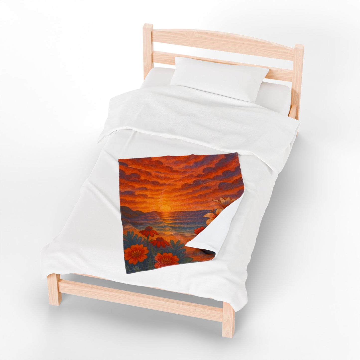 Sunset Floral Blanket – Cozy Beach Sunset Throw with Flowers | Colorful Velveteen Plush Blanket for Couch, Bed, or Gift