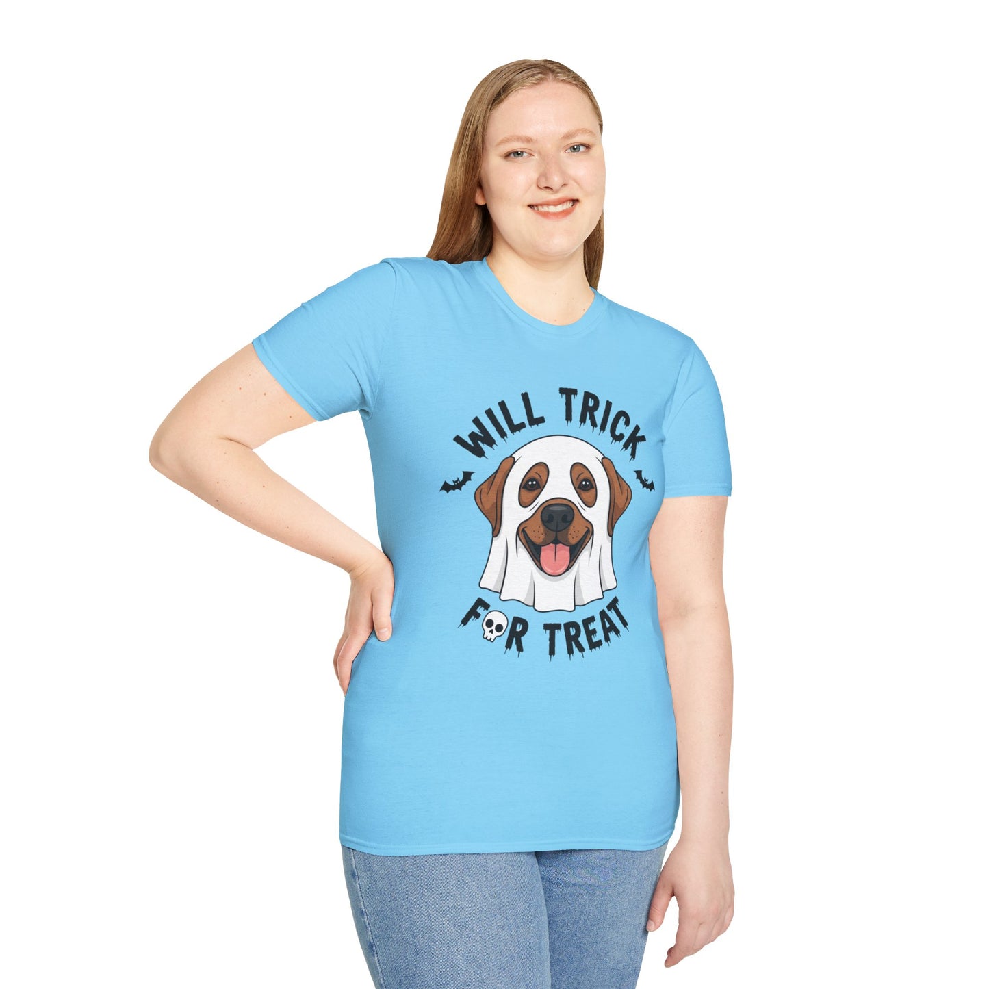 Will Trick for Treat Ghost Dog Halloween T-Shirt | Funny Spooky Dog Tee | Trick or Treat Pup Graphic Tee | Cute Fall Gift for Dog Lovers