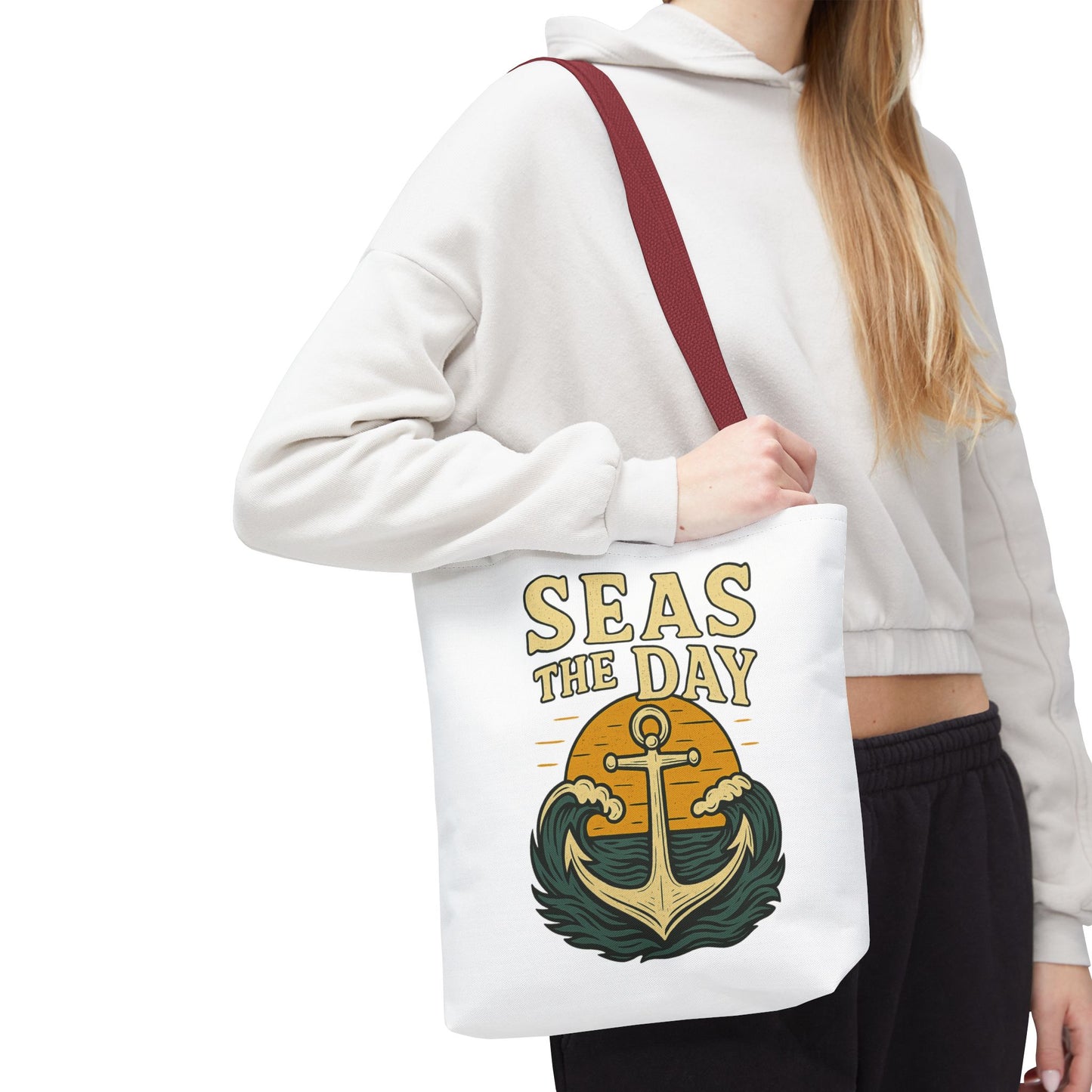 "Seas the Day" Nautical Tote Bag – Funny Beach Quote Canvas Bag with Anchor | Coastal Gift Idea for Summer, Travel, or Daily Use