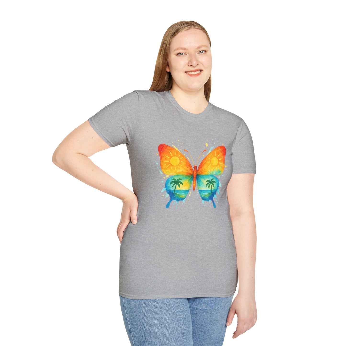 Butterfly Sunset Beach Tee - Ocean & Palm Watercolor Butterfly T-Shirt, Coastal Boho Graphic, Nature Lover Gift, Unisex Casual Tee