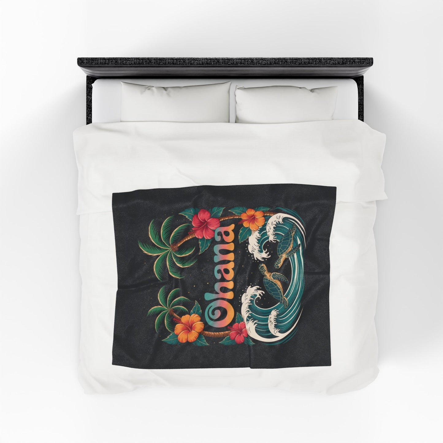 Ohana Hawaiian Turtle Blanket - Tropical Beach Throw with Palm Trees & Hibiscus - Cozy Coastal Decor Gift - Soft Summer Bed Blanket