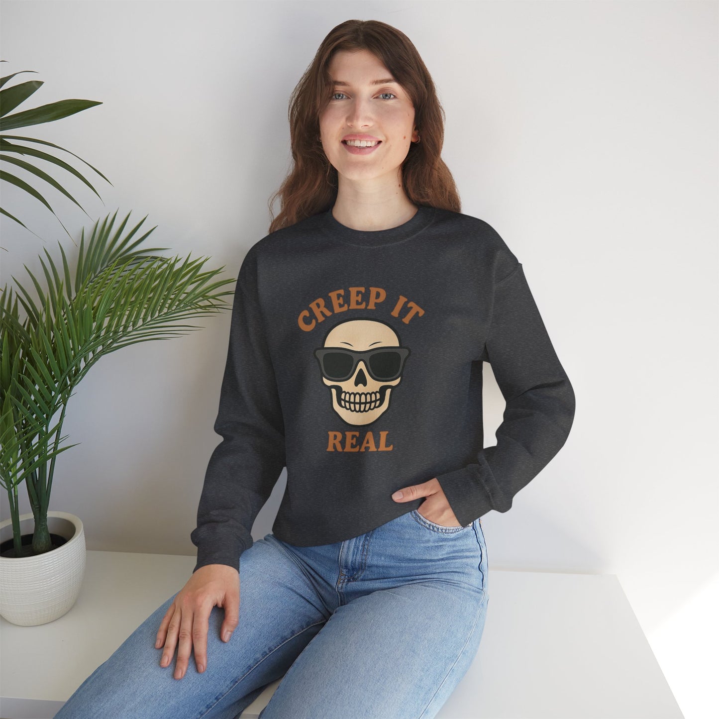 Creep It Real Skull Sweatshirt, Funny Halloween Skull Crewneck, Spooky Skeleton Pullover, Dark Graphic Sweatshirt, Unisex Halloween Gift