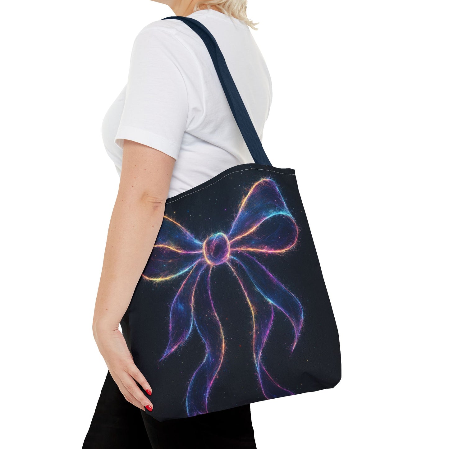 Galaxy Glow Bow Tote Bag, Cosmic Neon Ribbon Design, Black Space Art Bag, Celestial Gift For Her, Stylish Reusable Everyday Tote