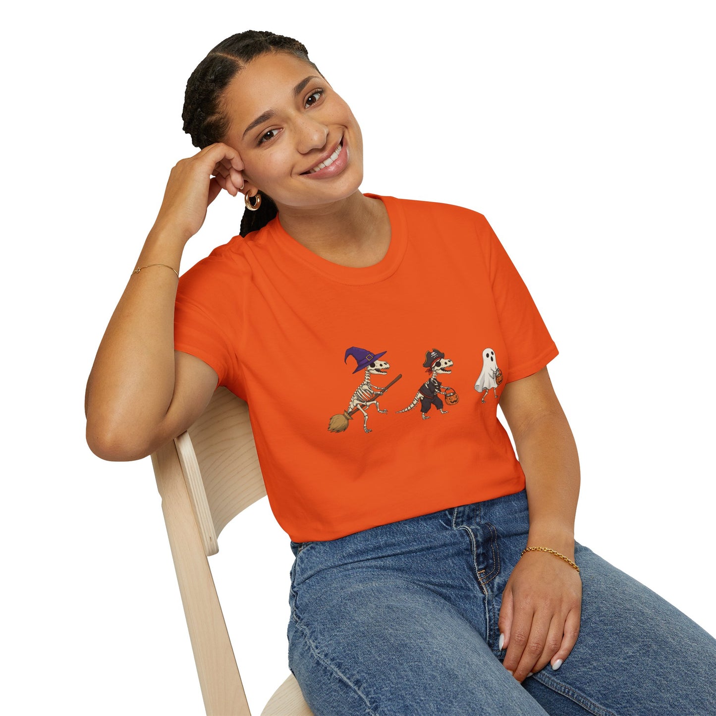 Halloween Dinosaur Skeleton Shirt - Trick-or-Treat Dino Tee, Funny T-Rex Ghost and Witch Costume Shirt, Spooky Cute Skeleton Tee, Unisex