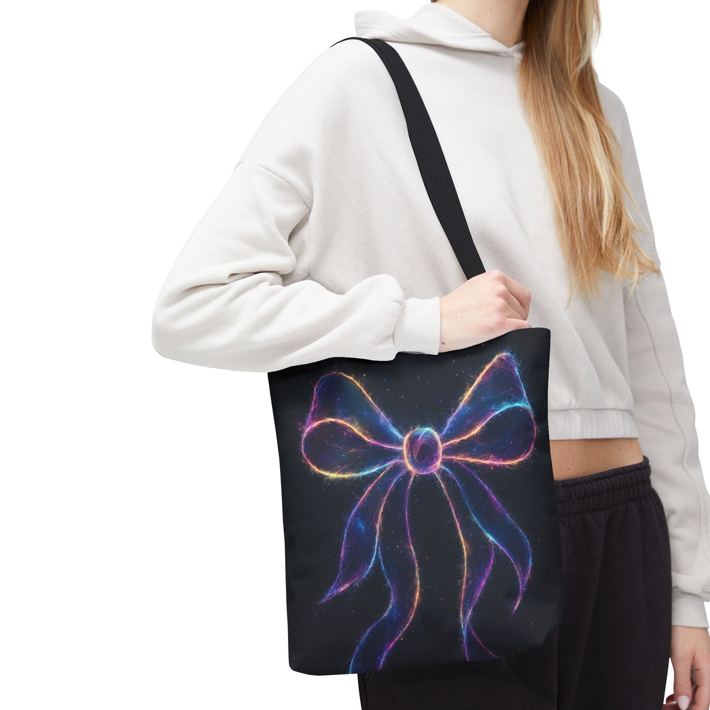 Galaxy Glow Bow Tote Bag, Cosmic Neon Ribbon Design, Black Space Art Bag, Celestial Gift For Her, Stylish Reusable Everyday Tote