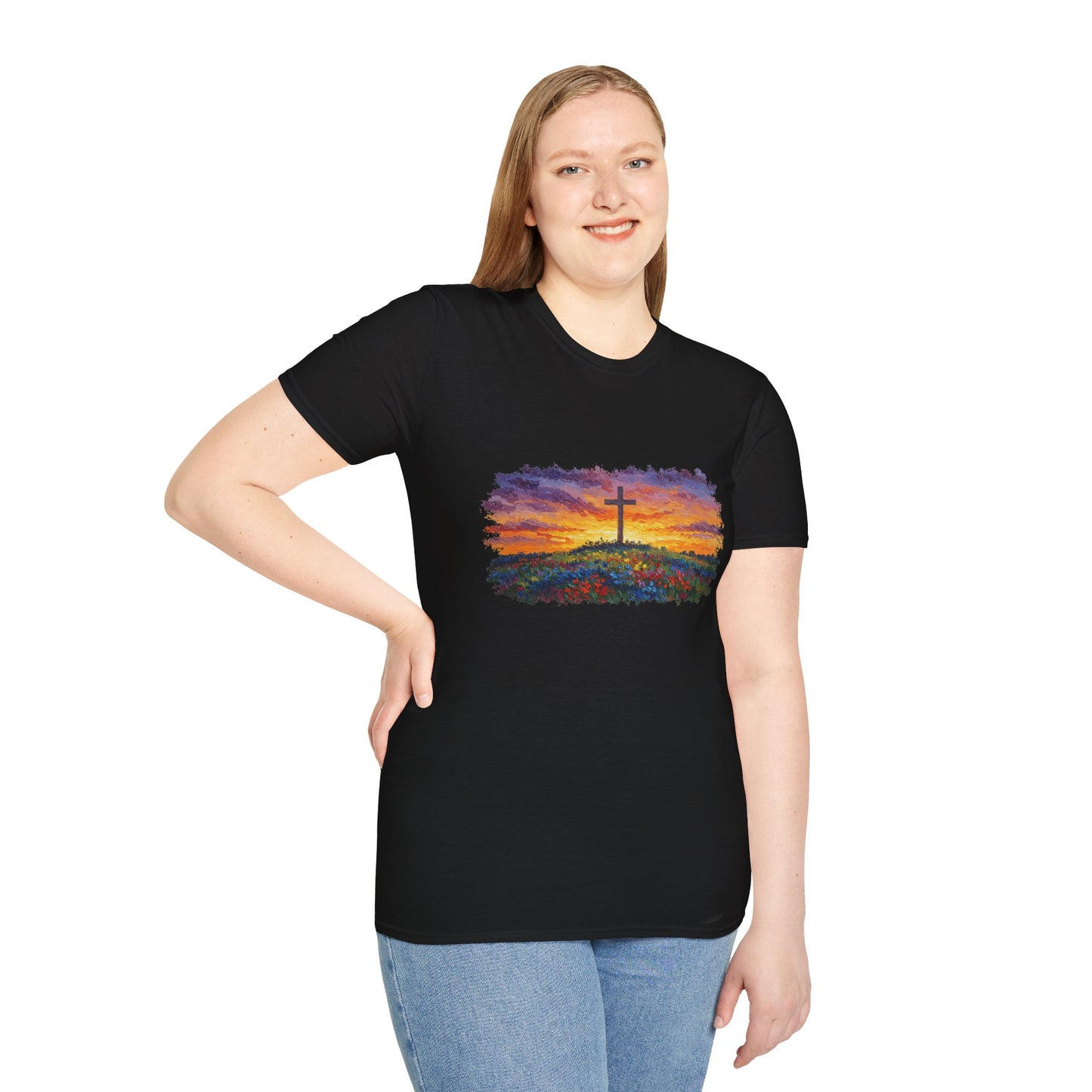 Van Gogh-Style Cross Sunset T-Shirt | Christian Faith Tee, Impressionist Nature Cross Shirt, Sunset Religious Art, Faith & Landscape Gift