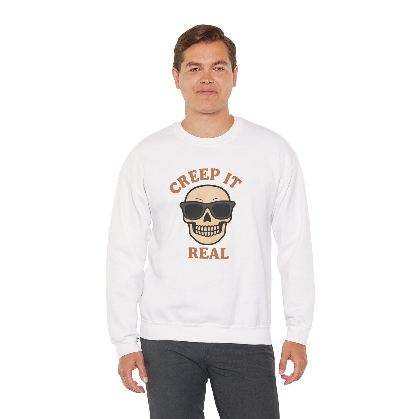 Creep It Real Skull Sweatshirt, Funny Halloween Skull Crewneck, Spooky Skeleton Pullover, Dark Graphic Sweatshirt, Unisex Halloween Gift