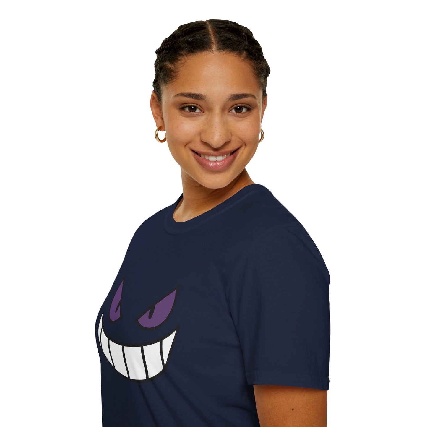 Mischievous Shadow Face Tee - Purple Eyes and Big Grin Graphic Shirt | Spooky Cute Gift, Retro Gaming Vibe, Funny Halloween Unisex Top