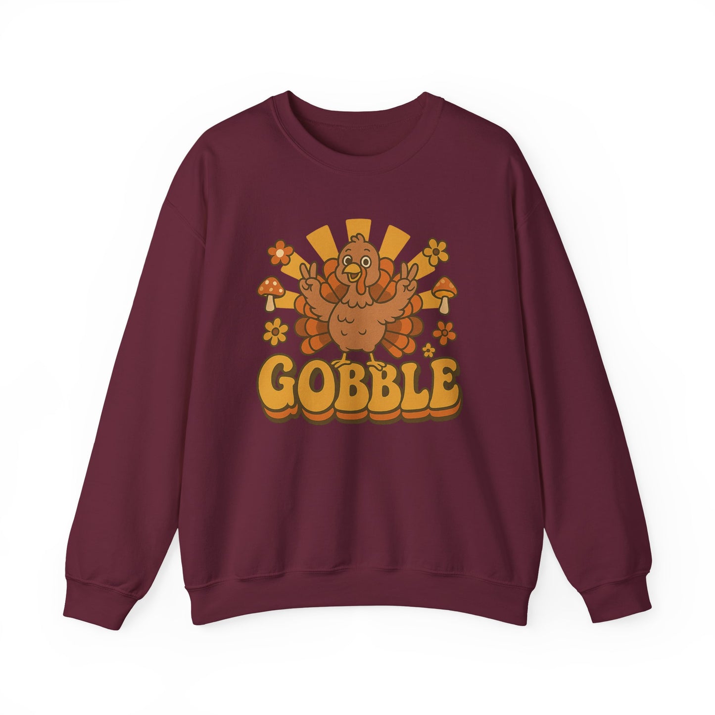 Gobble Turkey Sweatshirt, Retro Fall Turkey Crewneck, Thanksgiving Graphic Pullover, Autumn Mushroom & Flower Design, Cozy Fall Top