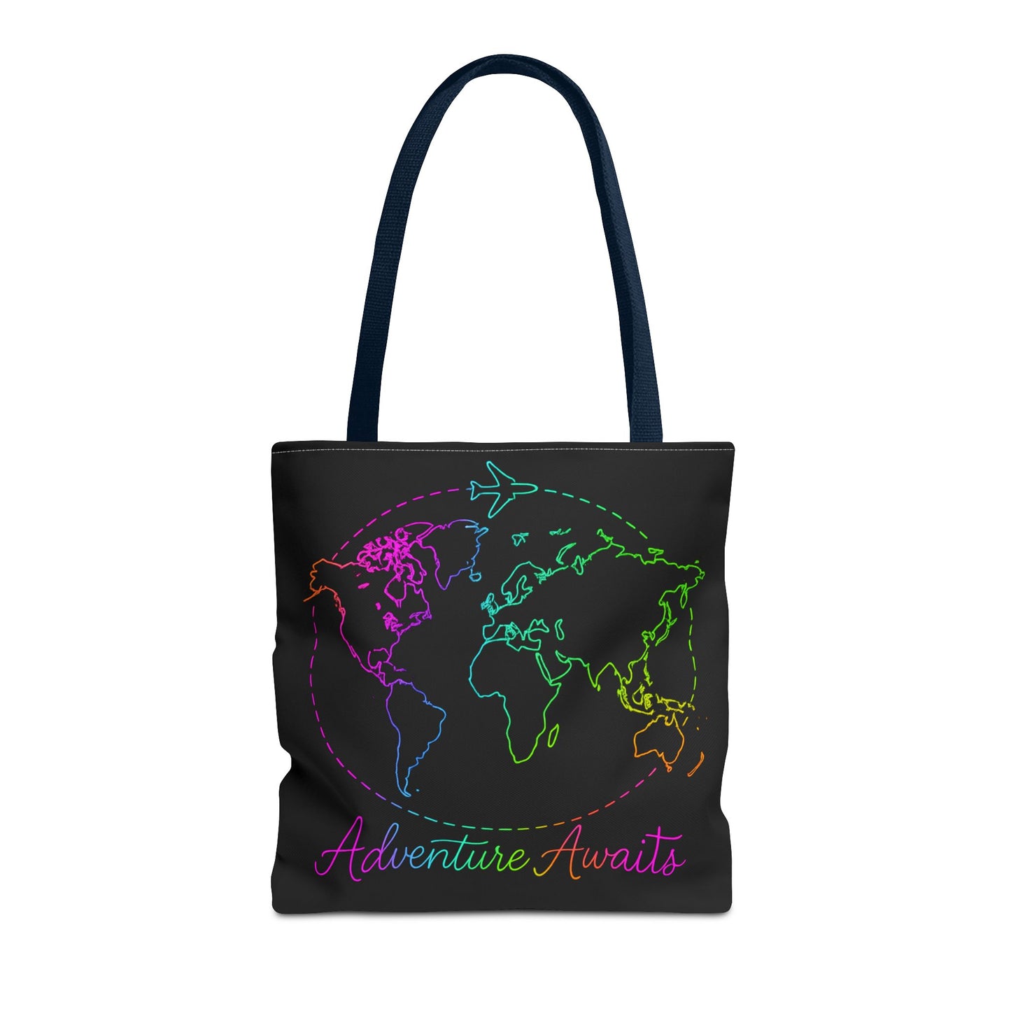 Adventure Awaits Neon Tote Bag - Y2K Rainbow World Map and Plane Travel Tote, Reusable Canvas Tote for Airport, Beach, Market + Gift