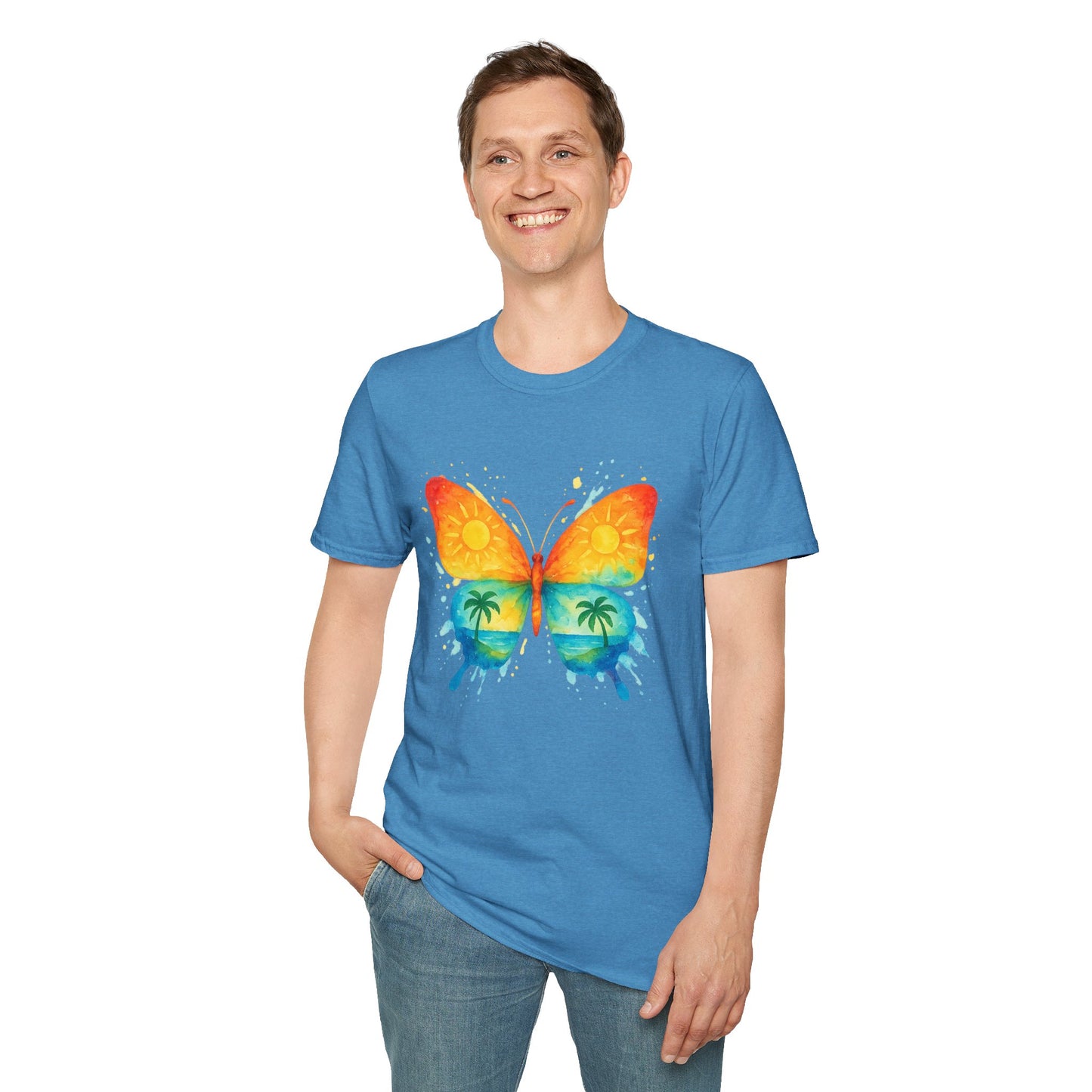 Butterfly Sunset Beach Tee - Ocean & Palm Watercolor Butterfly T-Shirt, Coastal Boho Graphic, Nature Lover Gift, Unisex Casual Tee