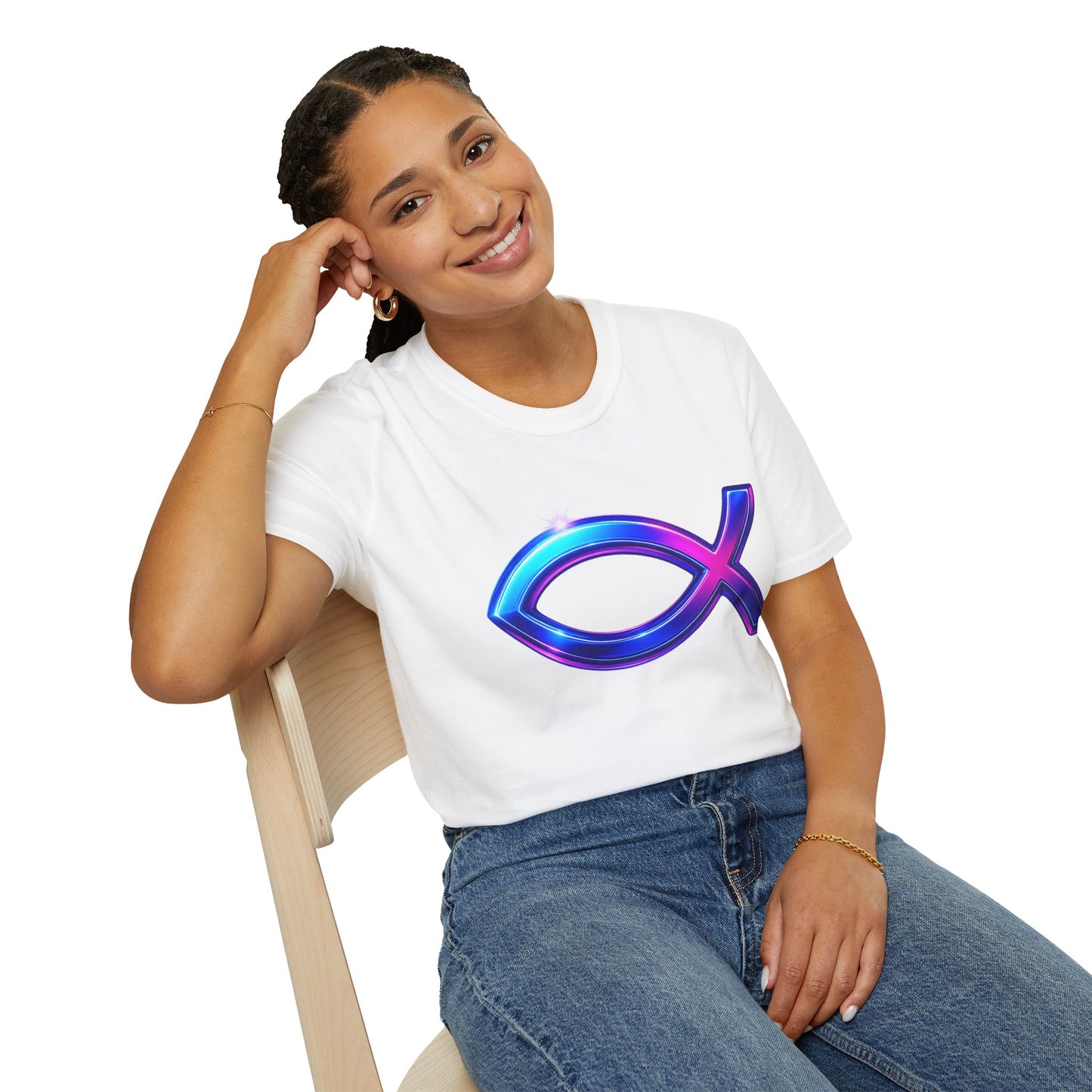 Neon Christian Fish T-Shirt, Modern Faith Tee, Ichthys Jesus Shirt, Spiritual Gift For Men And Women, Glow Cross Symbol Graphic Tee