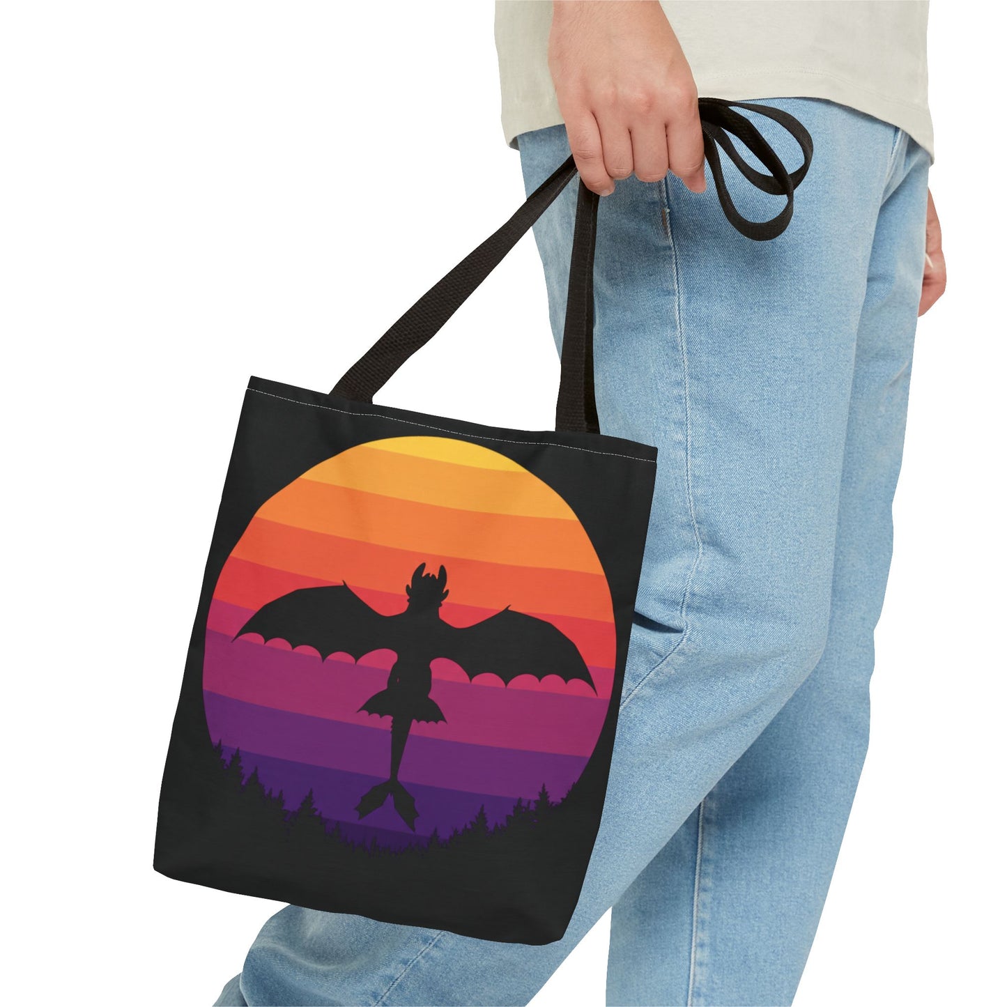 Sunset Dragon Flight Tote Bag, Reusable Eco-Friendly Shoulder Bag With Silhouette Design, Aesthetic Black Tote For Everyday Use And Gifts