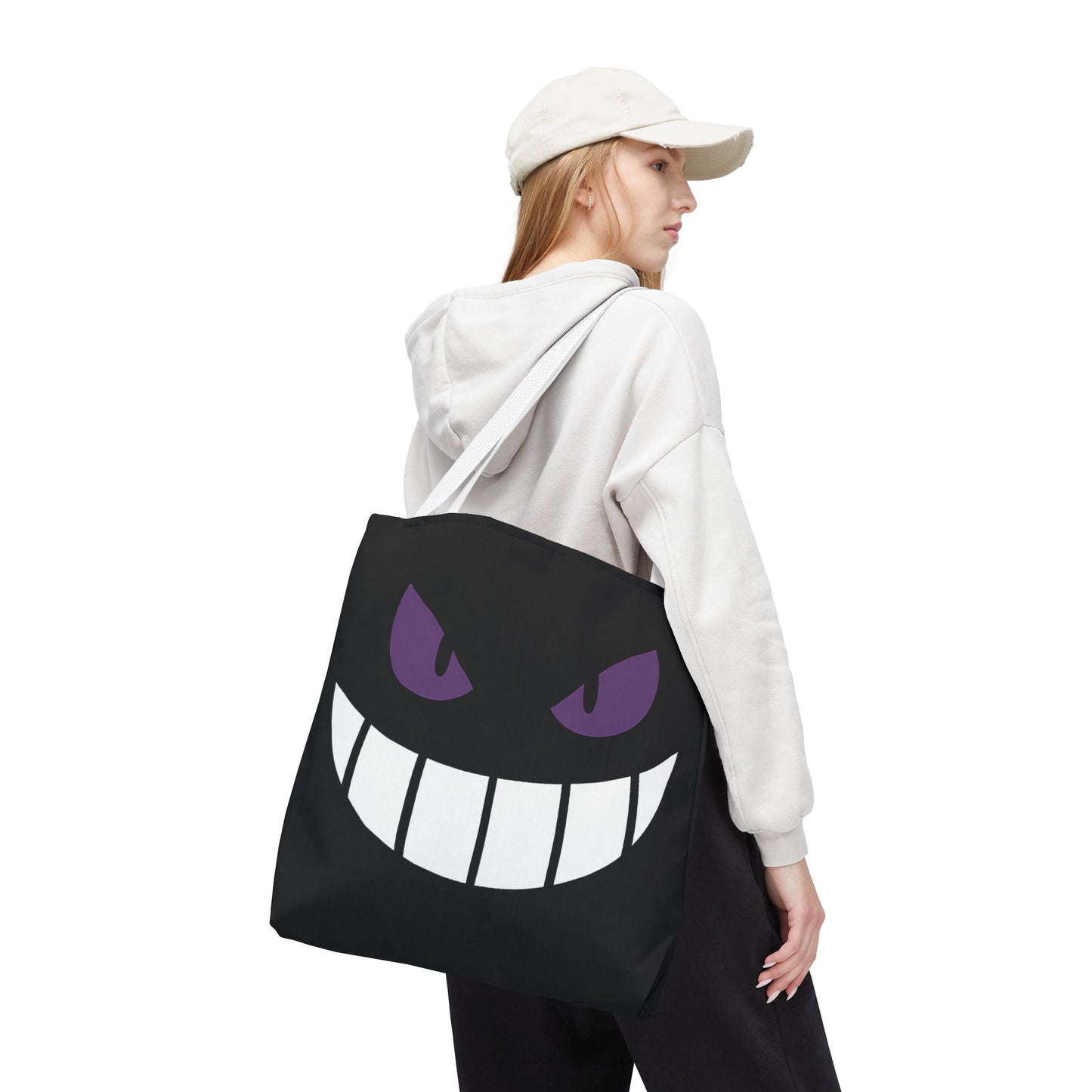 Evil Grin Tote Bag, Spooky Purple Eyes Reusable Shopping Bag, Creepy Cute Halloween Tote, Gothic Horror Canvas Bag, Gamer Room Accessory