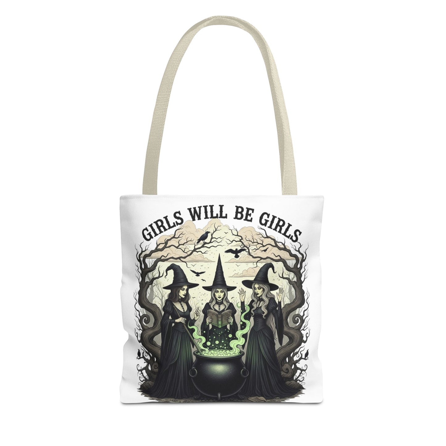 Girls Will Be Girls Halloween Tote Bag, Witchy Aesthetic Bag, Gothic Witches Cauldron Art, Spooky Gift, Reusable Eco Tote For Halloween Lovers