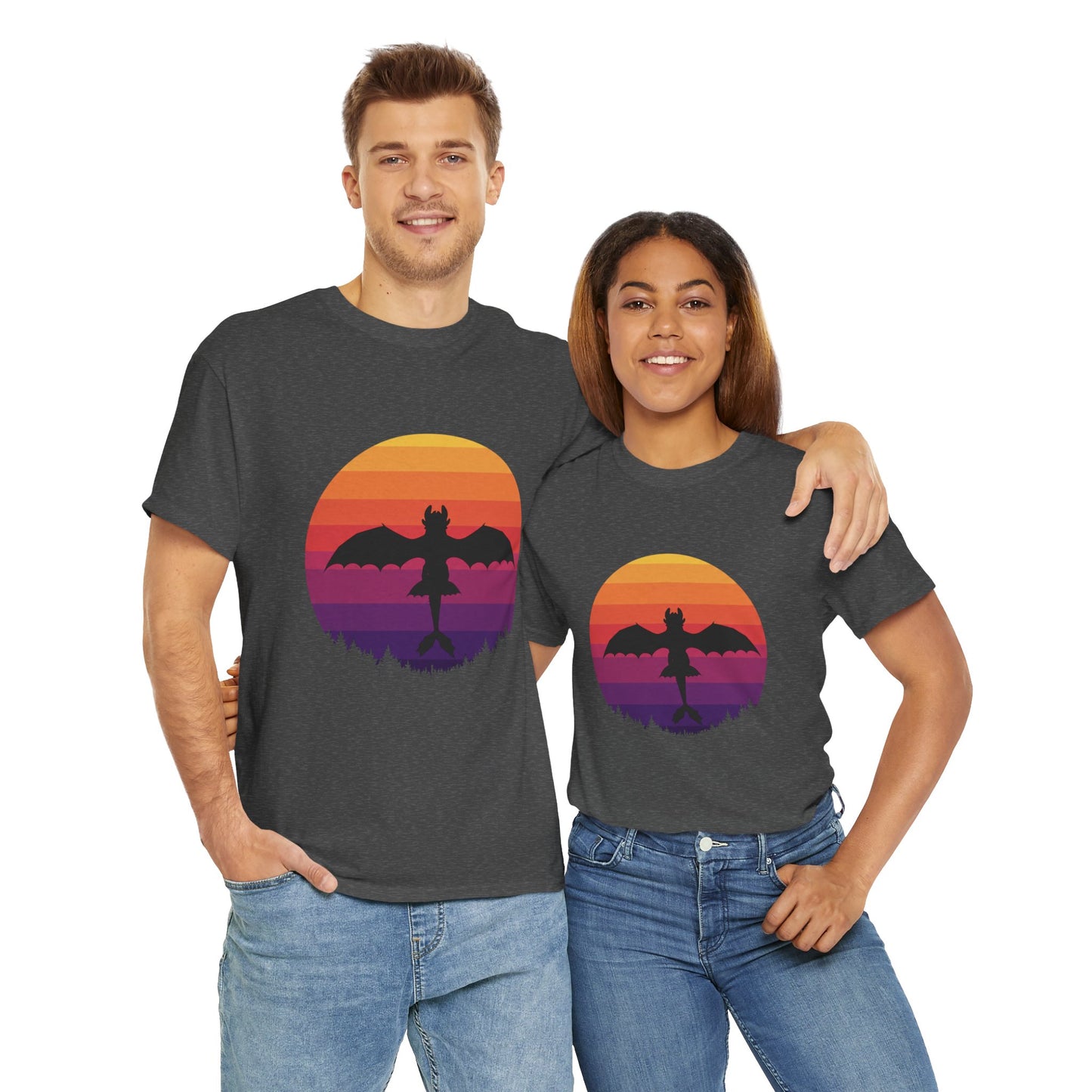 Night Dragon Sunset T-Shirt | Retro Dragon Silhouette Tee | Fantasy Dragon Shirt | Unisex Graphic Tee | Gift for Dragon Lovers