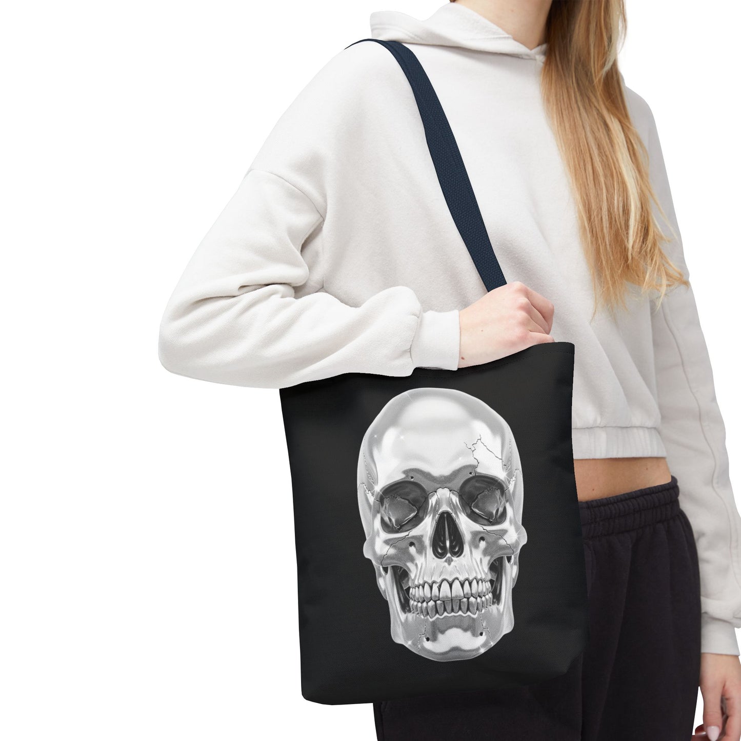 Chrome Skull Tote Bag, Gothic Halloween Canvas Tote, Metallic Skull Design Bag, Spooky Season Accessory, Skull Gift Tote For Horror Fans
