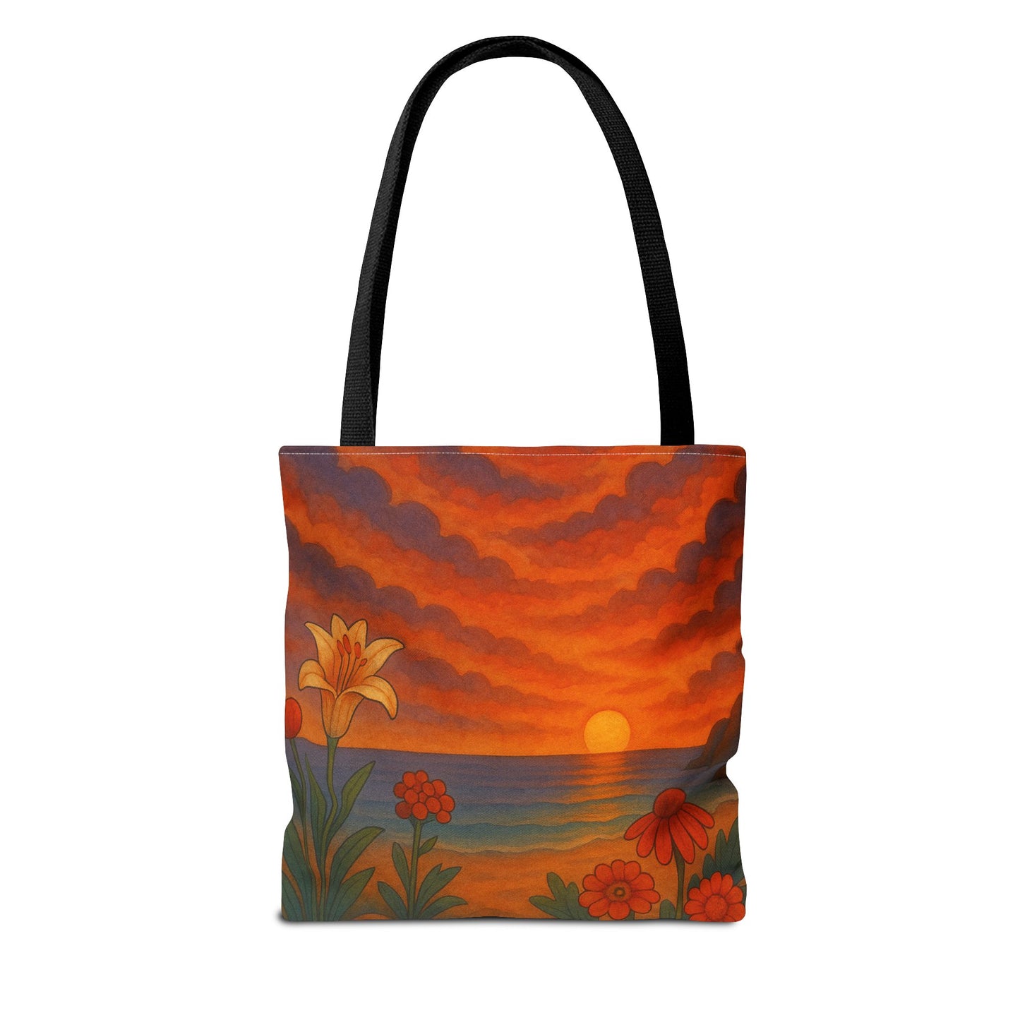 Retro Sunset Tote Bag with Wildflowers – Vibrant Floral Landscape Art, Nature-Inspired Reusable Bag, 70s Style Summer Accessory