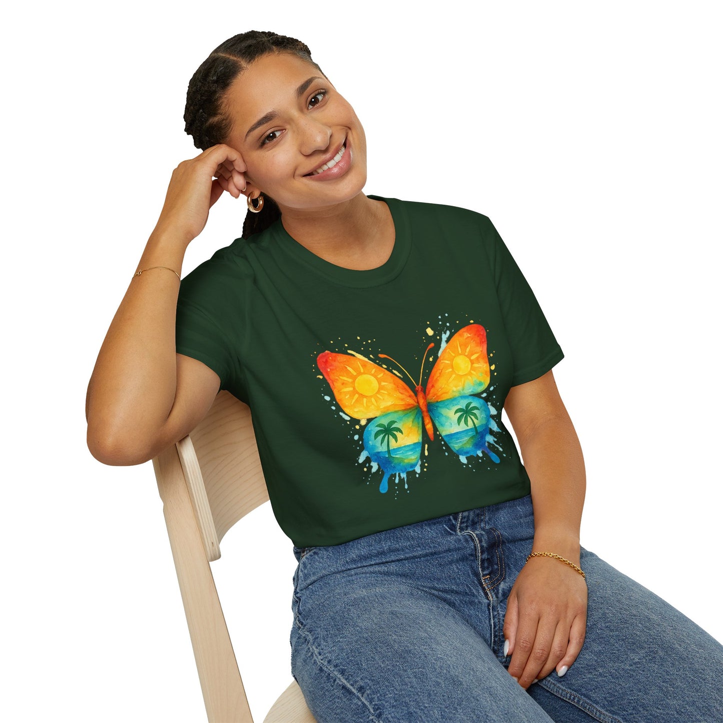 Butterfly Sunset Beach Tee - Ocean & Palm Watercolor Butterfly T-Shirt, Coastal Boho Graphic, Nature Lover Gift, Unisex Casual Tee