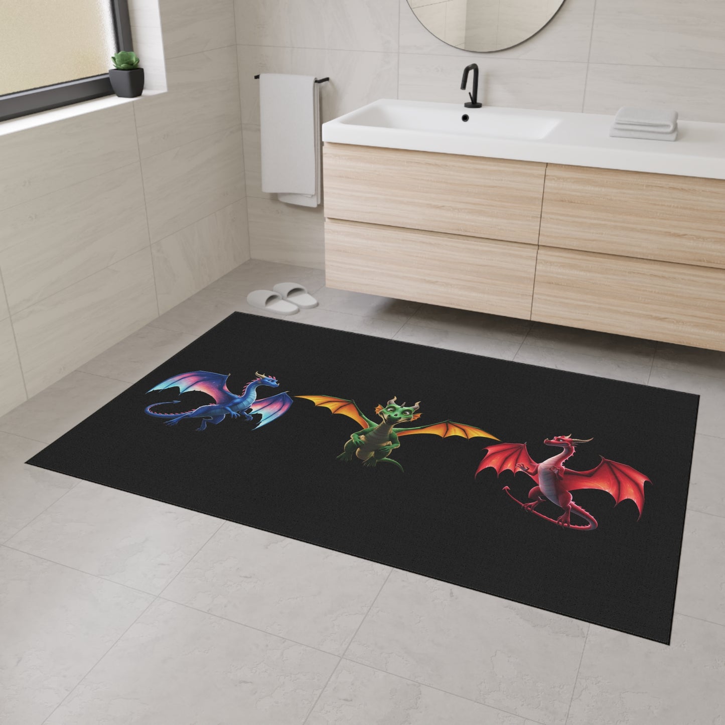 Fantasy Dragon Floor Mat - Non‑Slip Game Room Rug with Blue, Green and Red Dragons, Kids Room Decor, Durable Entrance Welcome Mat