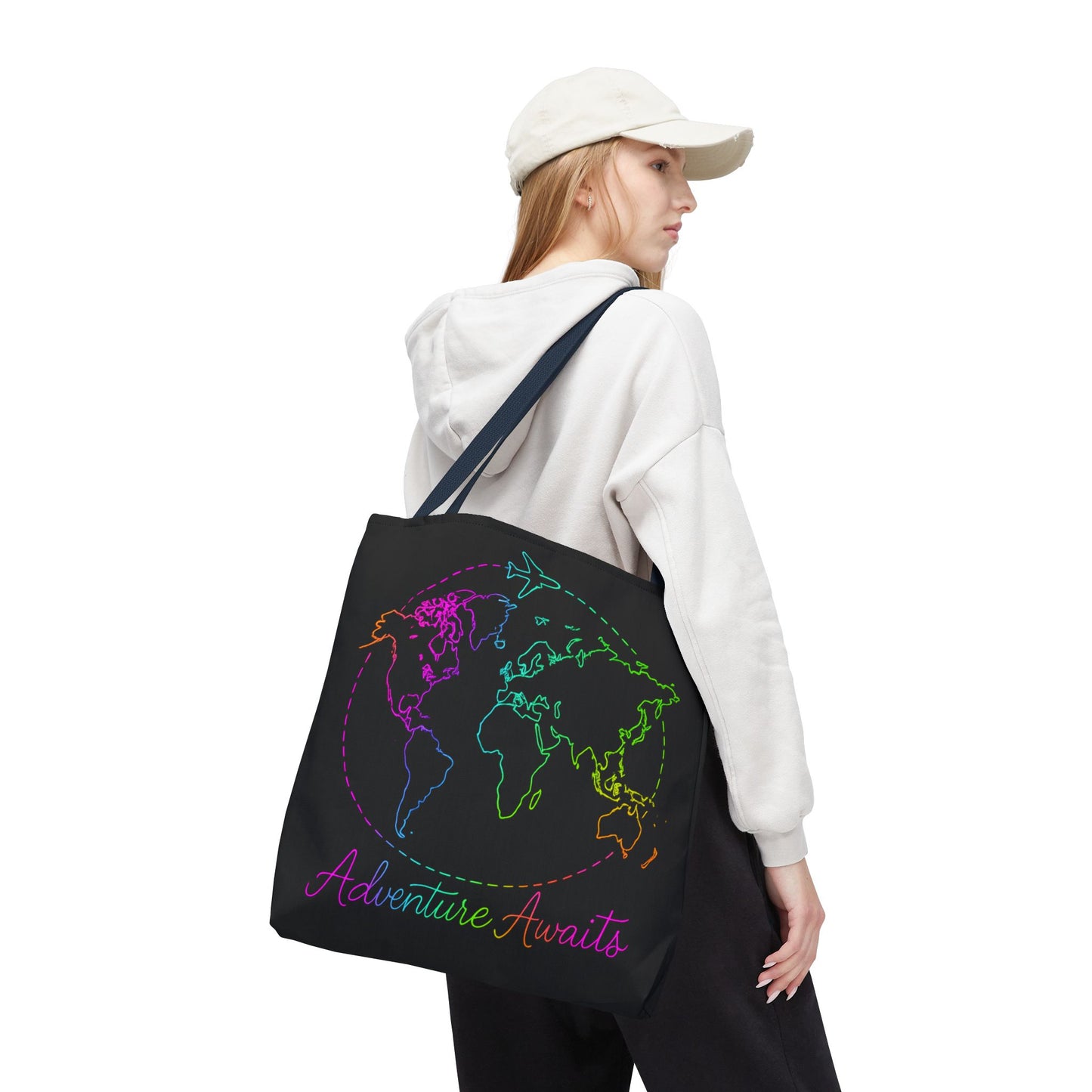 Adventure Awaits Neon Tote Bag - Y2K Rainbow World Map and Plane Travel Tote, Reusable Canvas Tote for Airport, Beach, Market + Gift