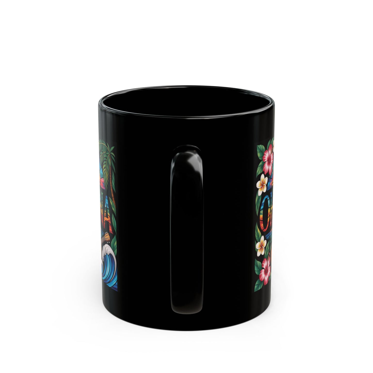 Ohana Mug Hawaiian Coffee Cup Tropical Sunset, Hibiscus Flowers, Ukulele, Aloha Gift
