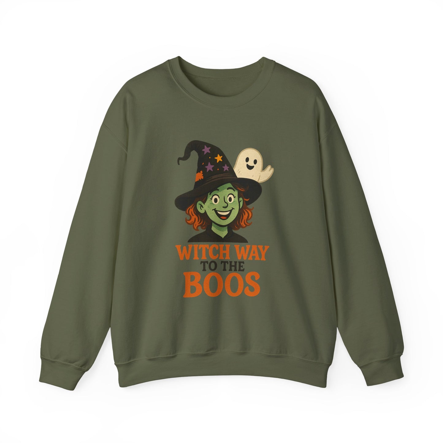Witch Way To The Boos Sweatshirt, Funny Witch Halloween Crewneck, Witchy Ghost Sweatshirt, Spooky Season Graphic Pullover, Lighthearted Halloween Wear