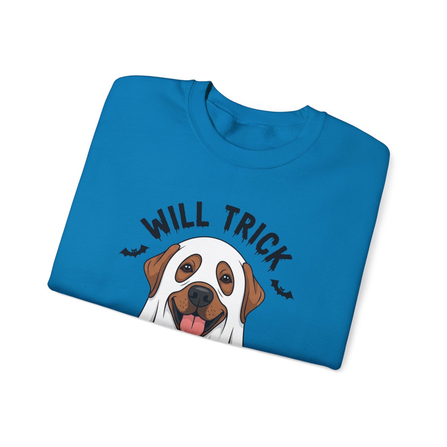Will Trick for Treat Sweatshirt, Ghost Dog Halloween Crewneck, Funny Pet Costume Graphic Pullover, Trick-or-Treat Dog Lover Gift Sweater