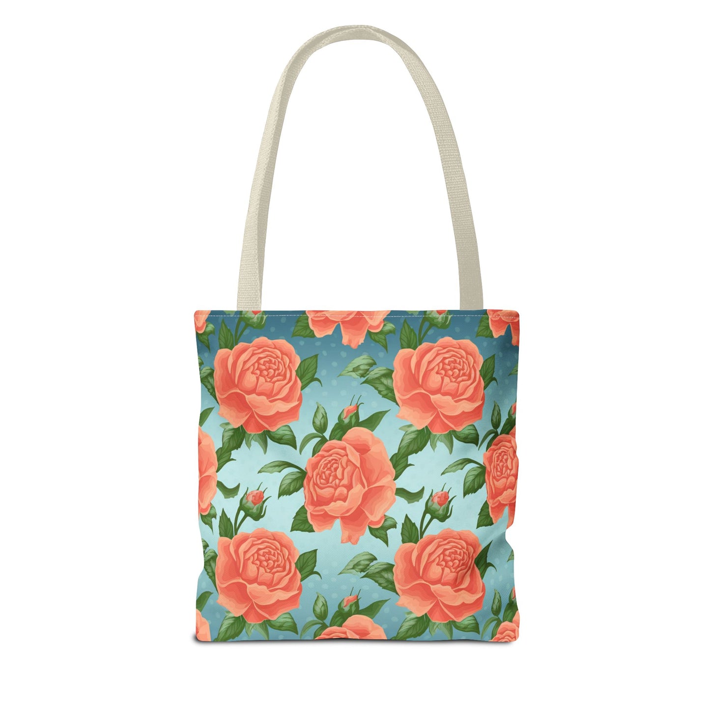 Vintage Floral Tote Bag – Coral Rose Pattern on Blue Background – Aesthetic Everyday Carry Bag – Reusable Fabric Market Tote Gift