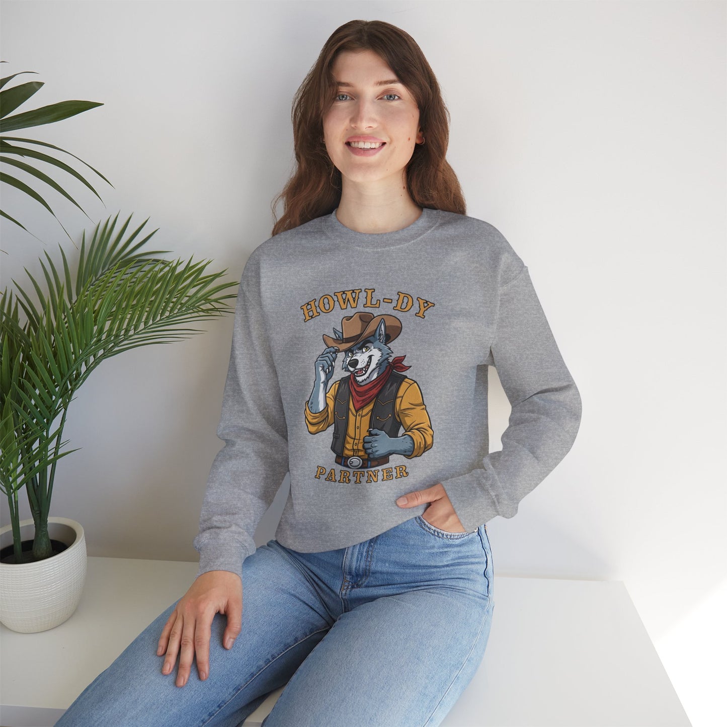 Howl-dy Partner Wolf Sweatshirt, Cowboy Werewolf Halloween Crewneck, Western Spooky Graphic Pullover for Animal Lover Gift Sweatshirt