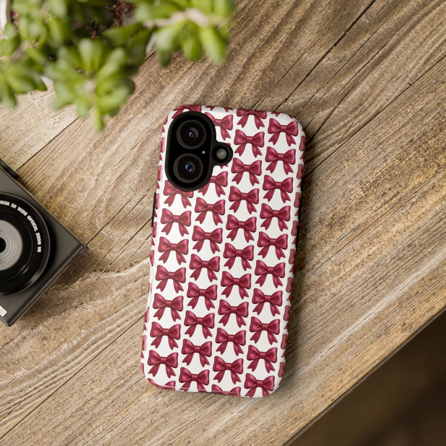Coquette Bow iPhone Case - Burgundy Ribbon Pattern Phone Cover, Girly Aesthetic Accessory, Cute Gift for Her
