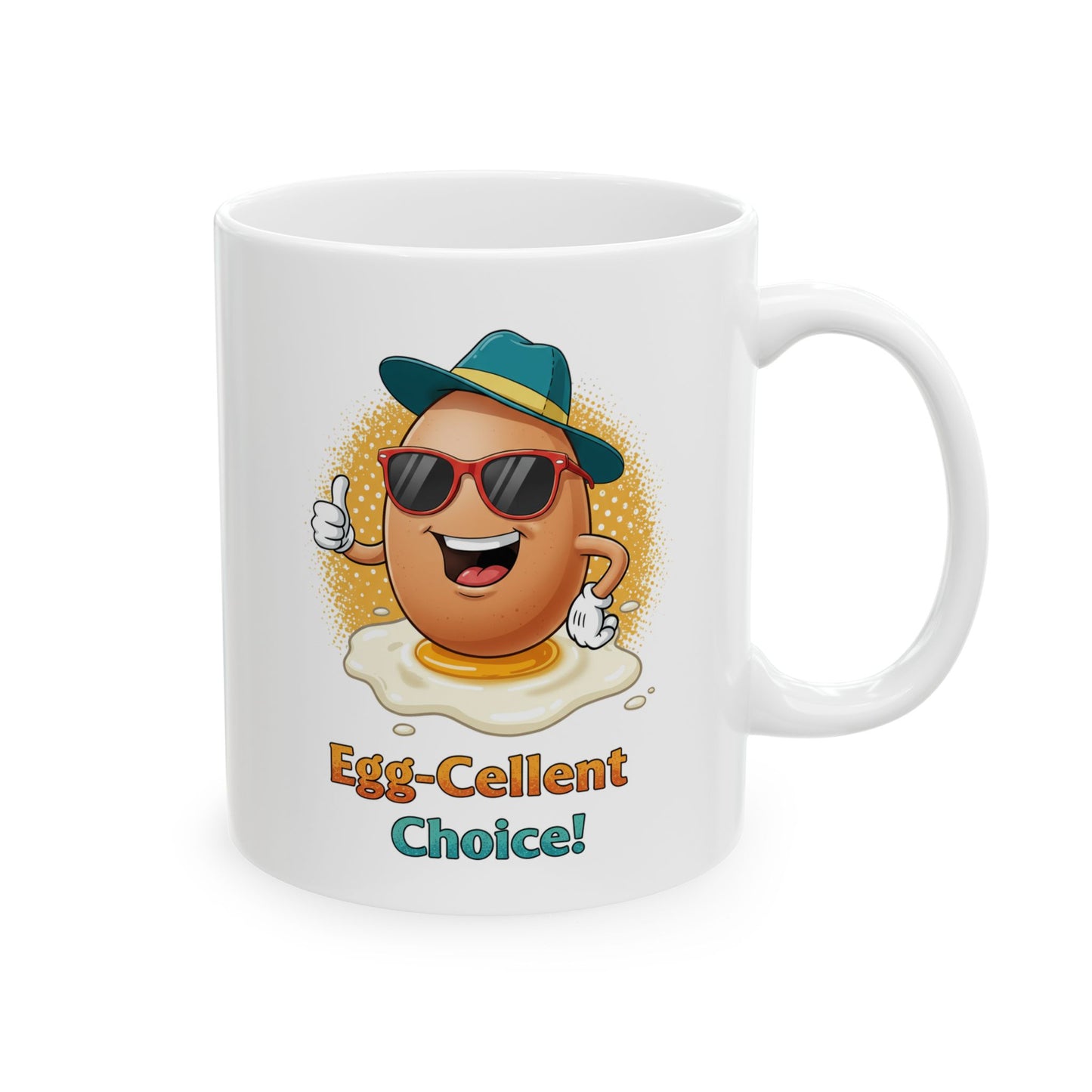 Egg-Cellent Choice! Funny Cartoon Egg Mug with Sunglasses & Hat – Cute Breakfast Ceramic Coffee Cup – Punny Gift for Egg Lovers