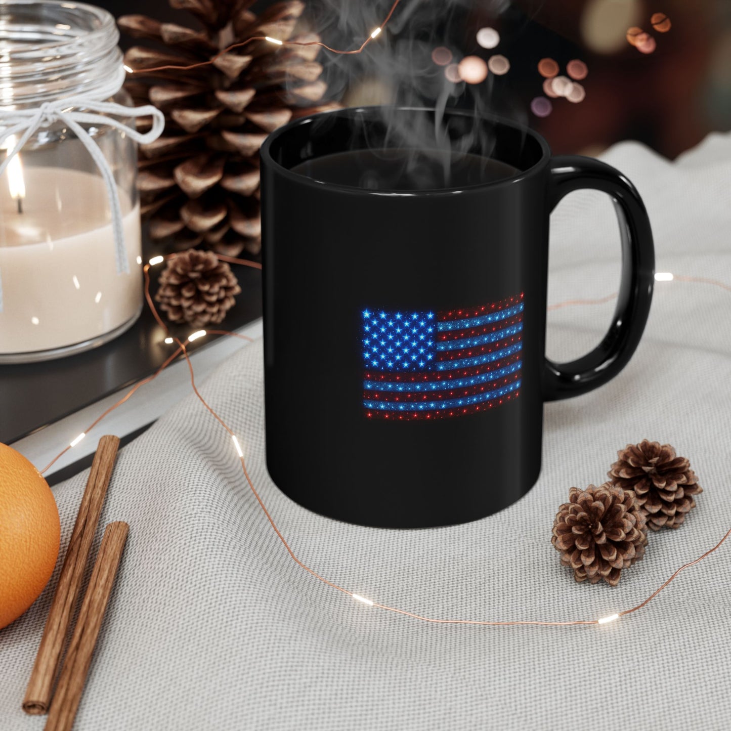American Flag Coffee Mug – Black Ceramic USA Patriotic Cup, Red White Blue Stars & Stripes Design | 11oz 15oz Gift for Veterans, 4th of July