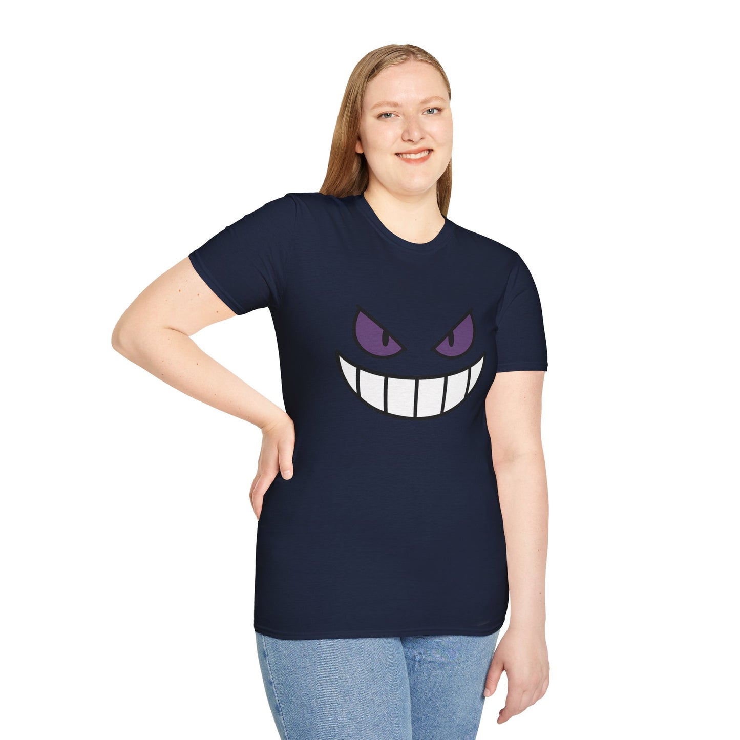Mischievous Shadow Face Tee - Purple Eyes and Big Grin Graphic Shirt | Spooky Cute Gift, Retro Gaming Vibe, Funny Halloween Unisex Top