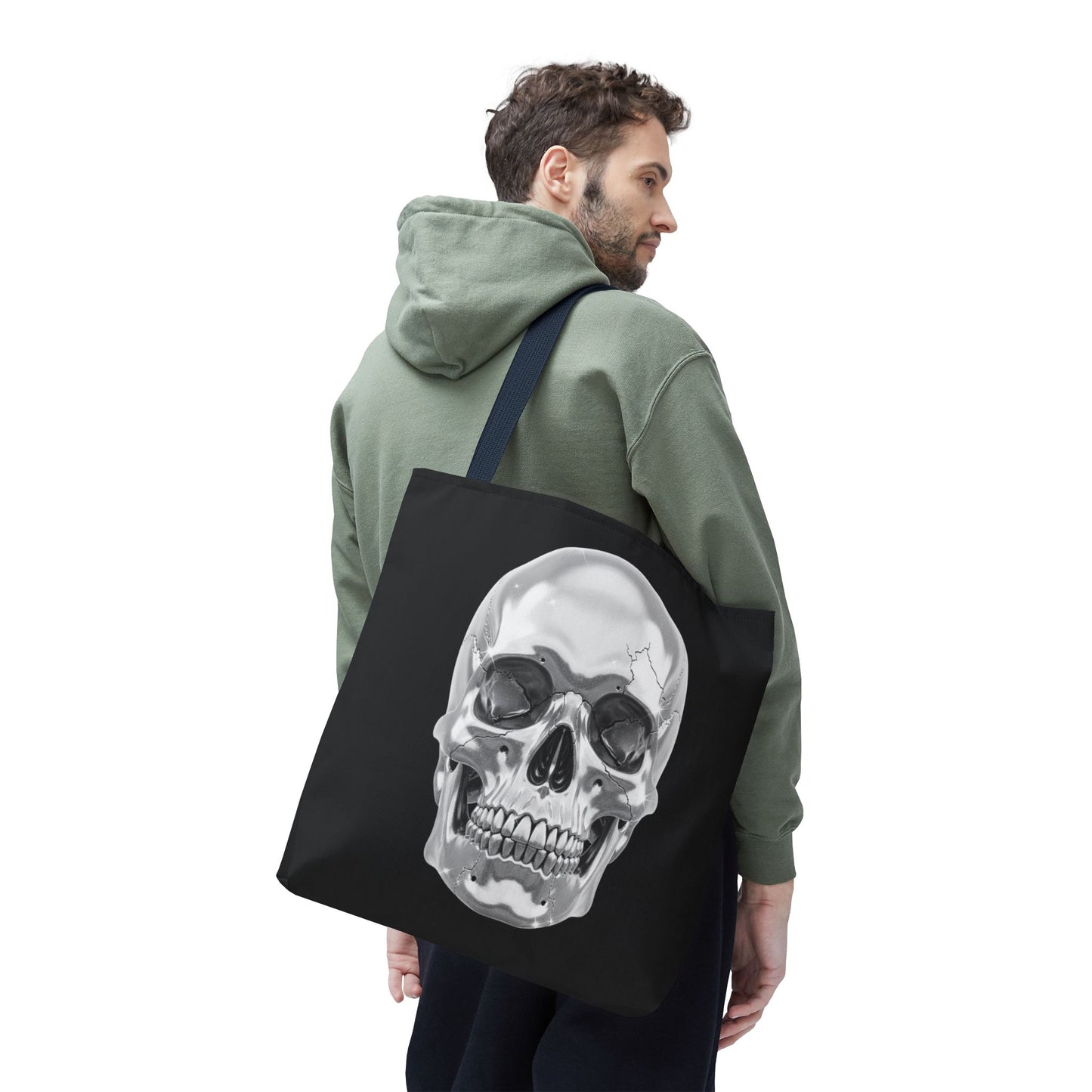 Chrome Skull Tote Bag, Gothic Halloween Canvas Tote, Metallic Skull Design Bag, Spooky Season Accessory, Skull Gift Tote For Horror Fans