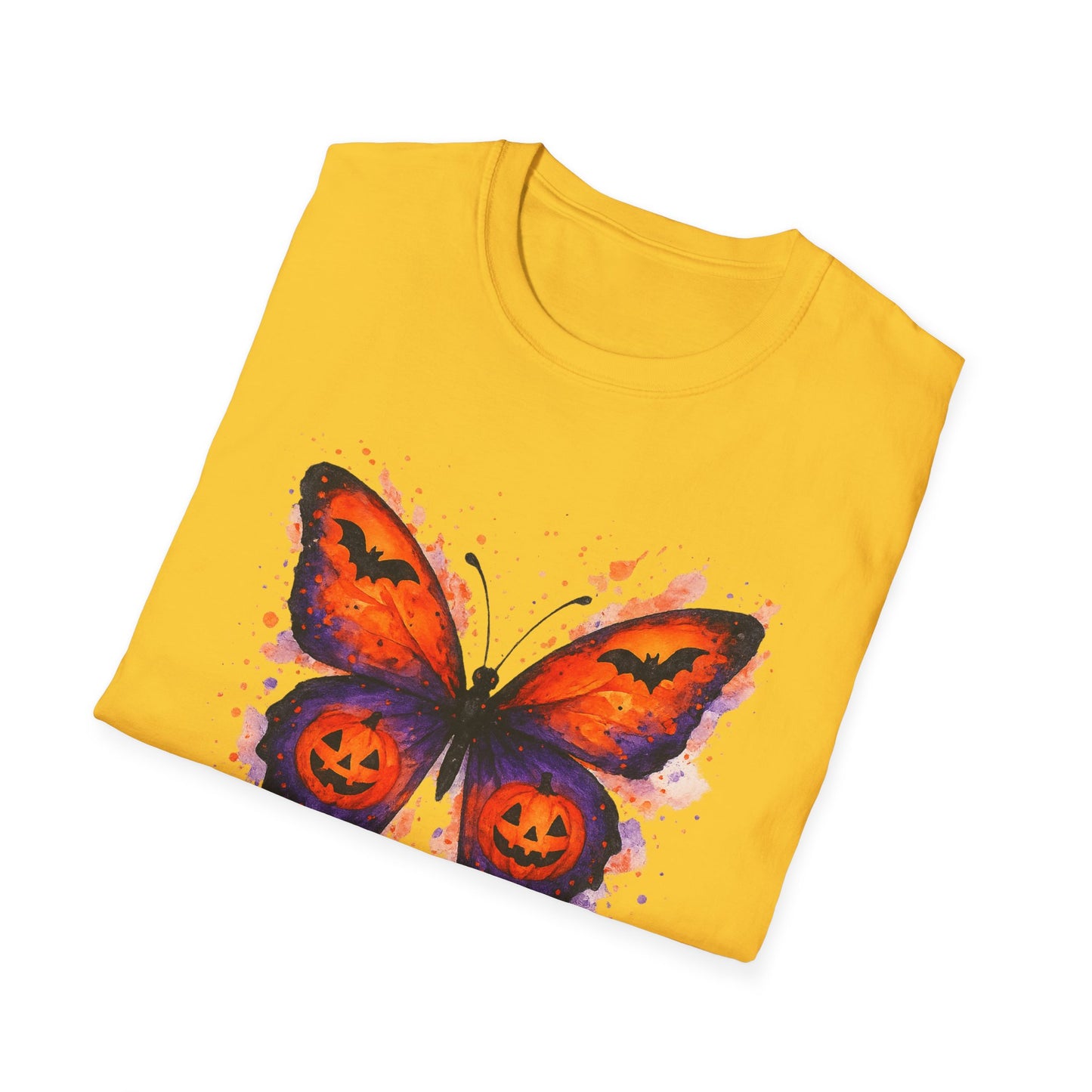 Halloween Watercolor Butterfly T-Shirt - Pumpkin Butterfly Tee, Spooky Butterfly Shirt, Bat and Jack-O'Lantern Wings, Fall Aesthetic Tee