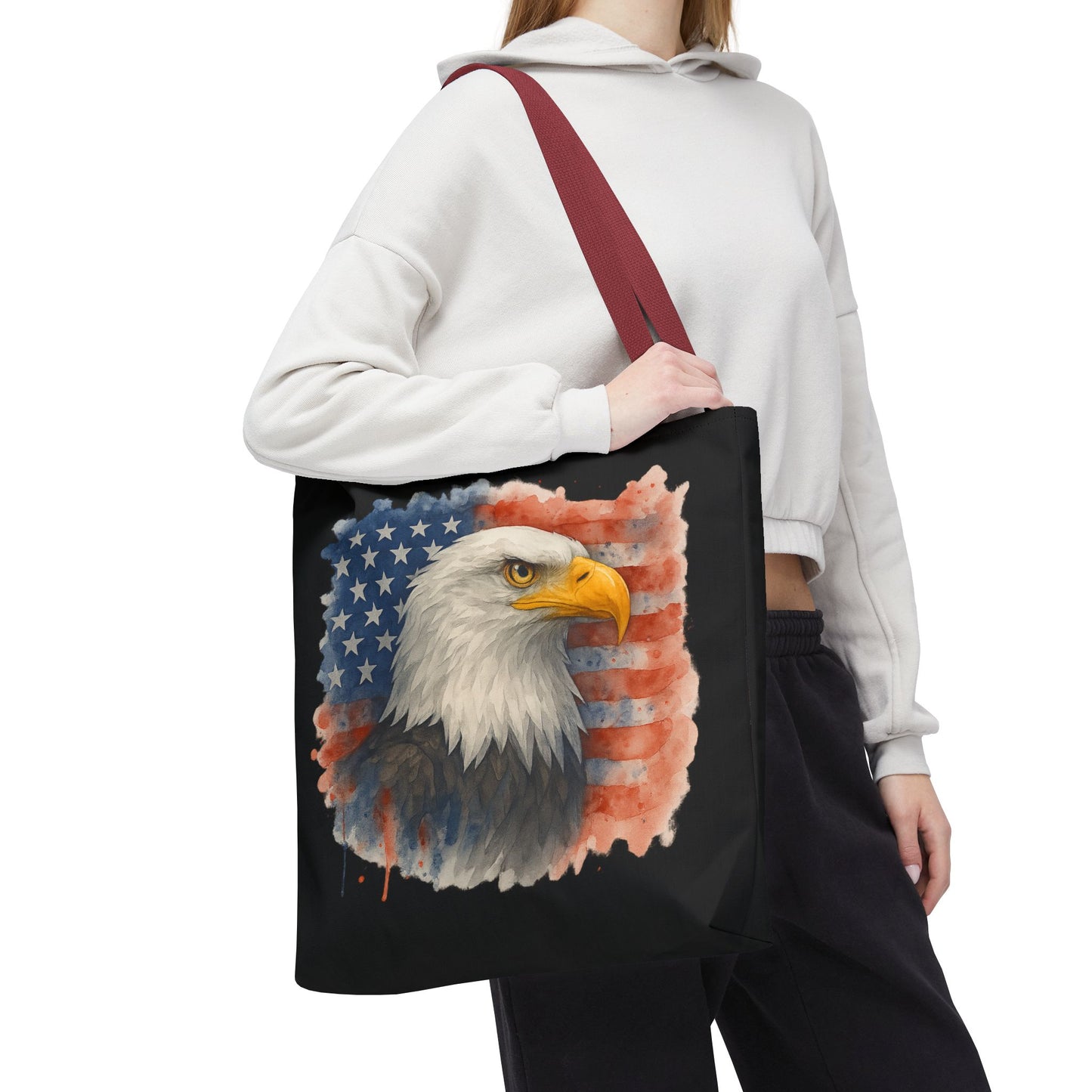 Patriotic Tote Bag with American Flag and Bald Eagle Watercolor Print 4th of July Bag Memorial Day Tote Veteran's Day Tote Bag