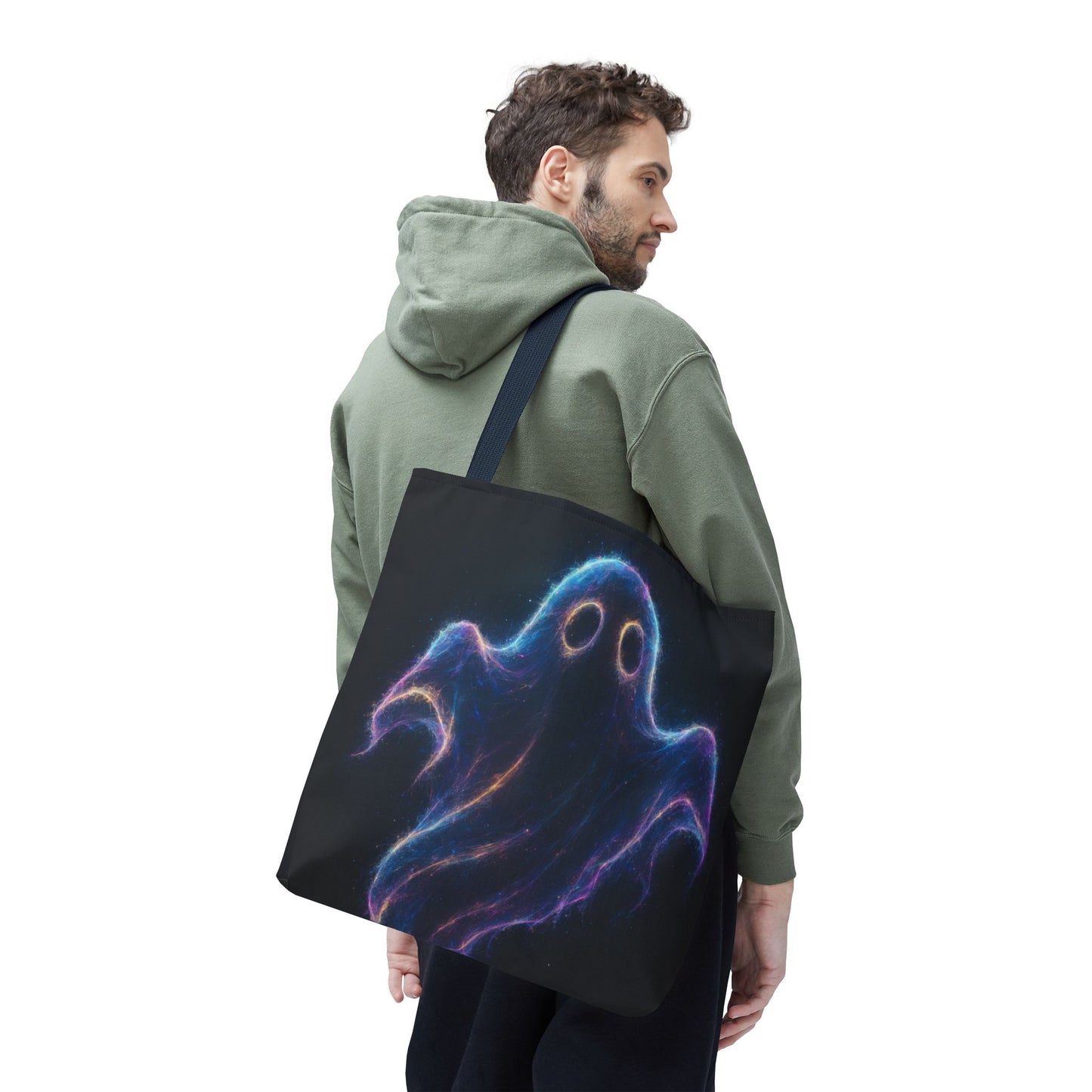 Neon Ghost Tote Bag, Spooky Halloween Canvas Tote, Glowing Cosmic Ghost Design Bag, Reusable Trick Or Treat Tote, Gothic Gift Accessory