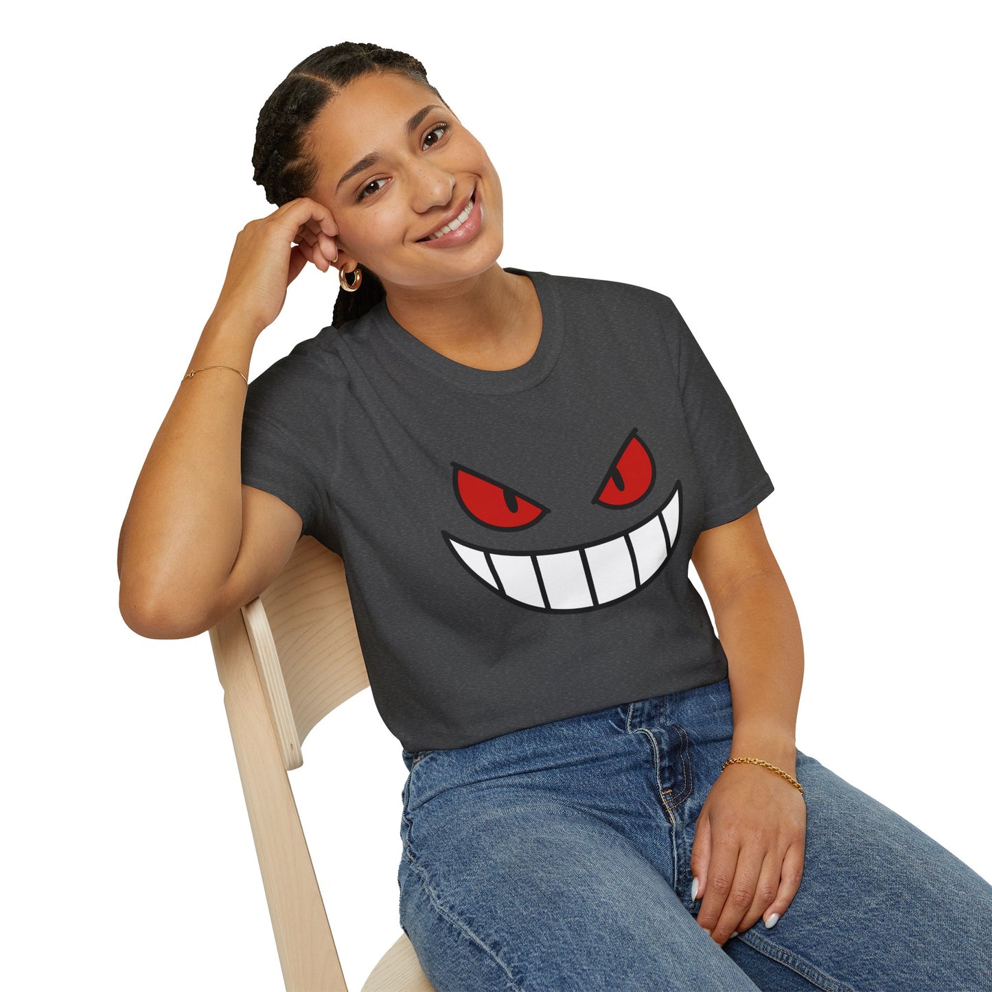 Spooky Grin Face T-Shirt - Creepy Ghost Smile Graphic Tee - Dark Humor Unisex Shirt - Anime Monster Style Funny Top
