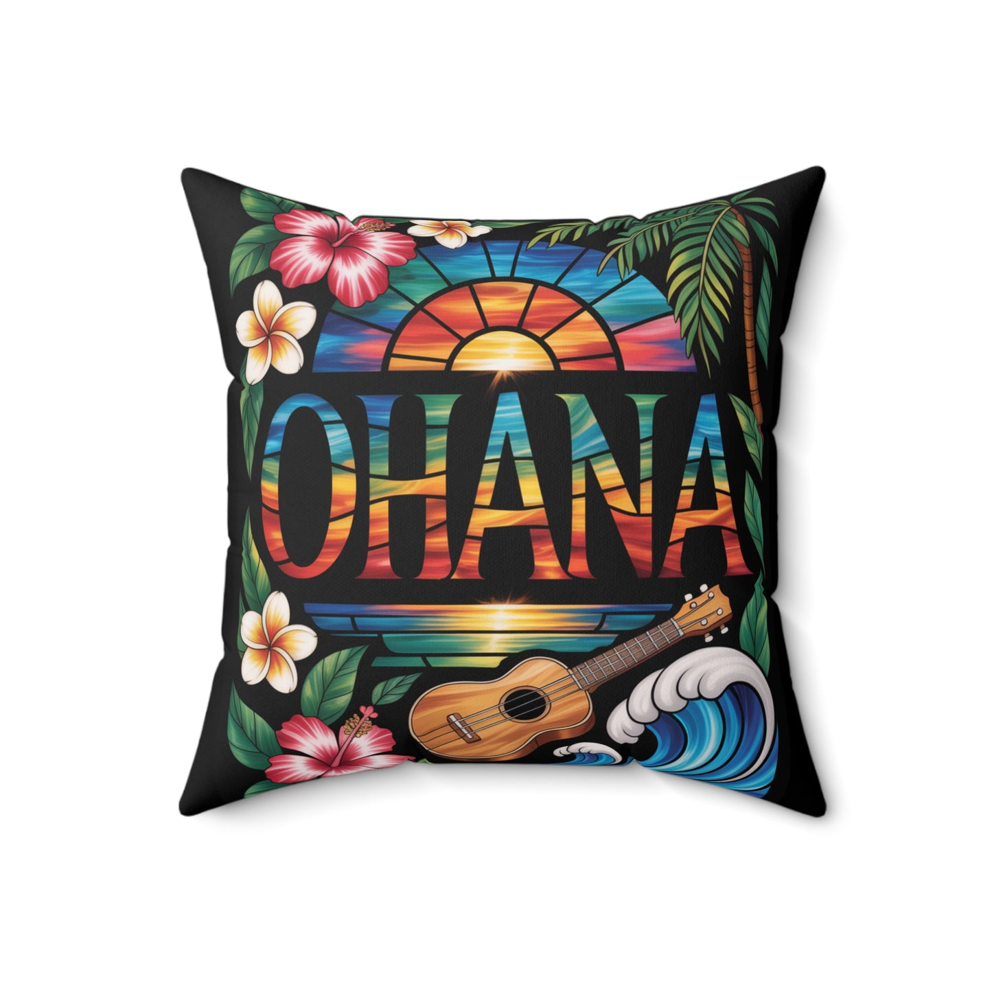 Ohana Throw Pillow – Hawaiian Sunset Cushion with Ukulele & Tropical Flowers, Aloha Decor, Beach House Accent, Family Gift, Island Living