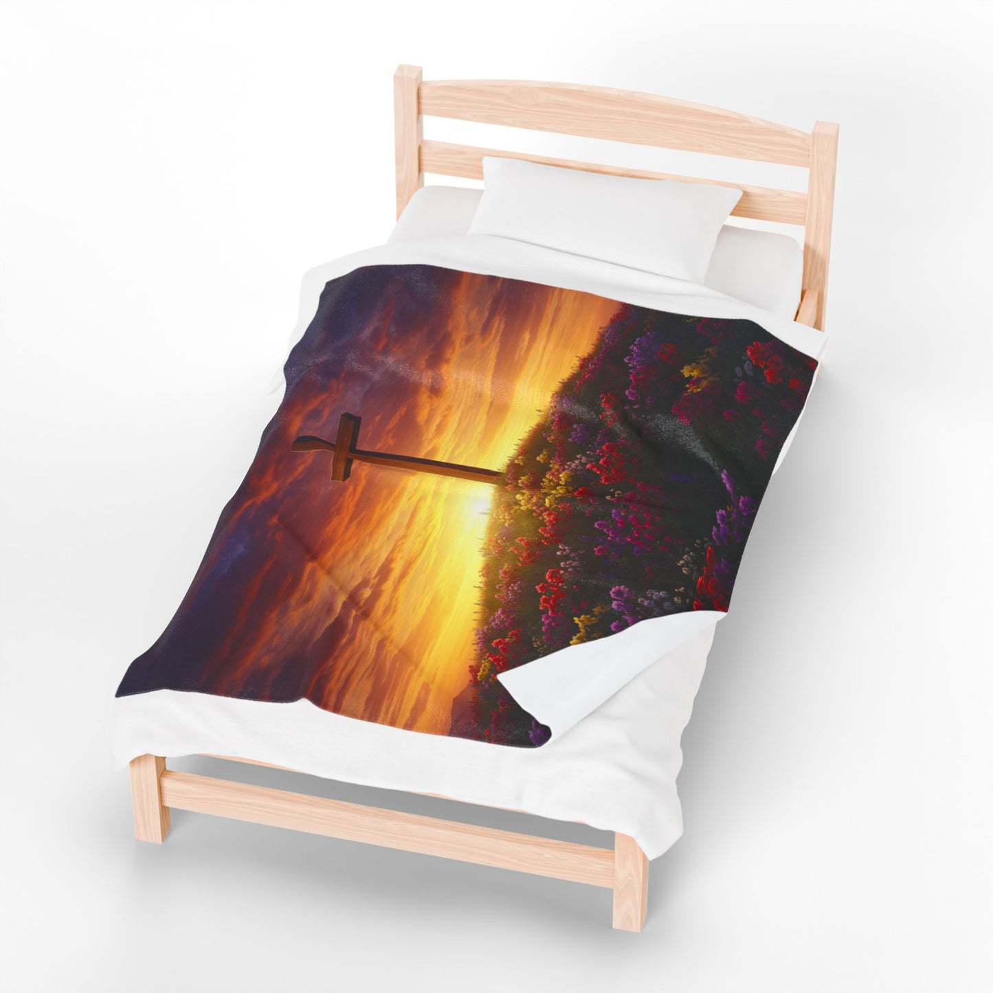 Velveteen Plush Blanket DaVinci Style Cross Hill Painting Christian Blanket Spiritual Decor Religious Throw Gift for Believers