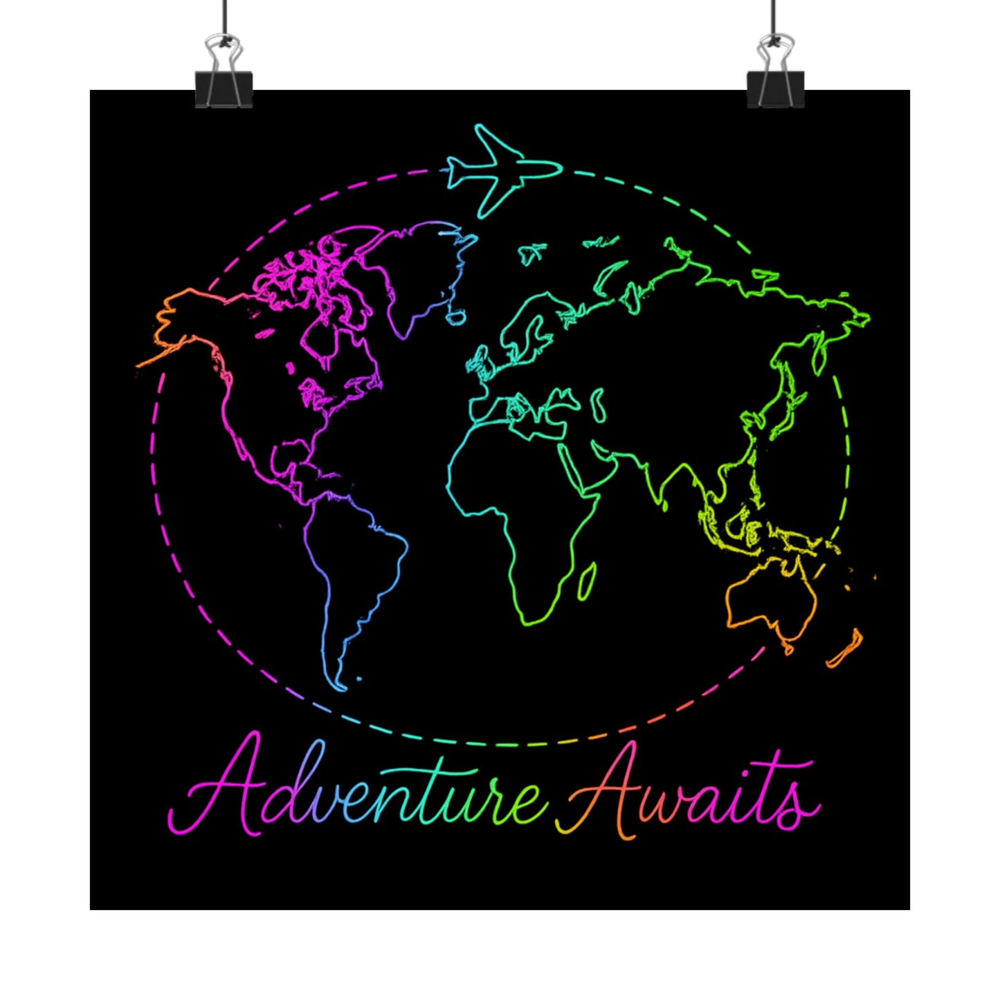 Adventure Awaits Neon Poster - Y2K Rainbow World Map and Plane Wall Art - Travel Aesthetic Decor for Office, Dorm, Bedroom + Gift