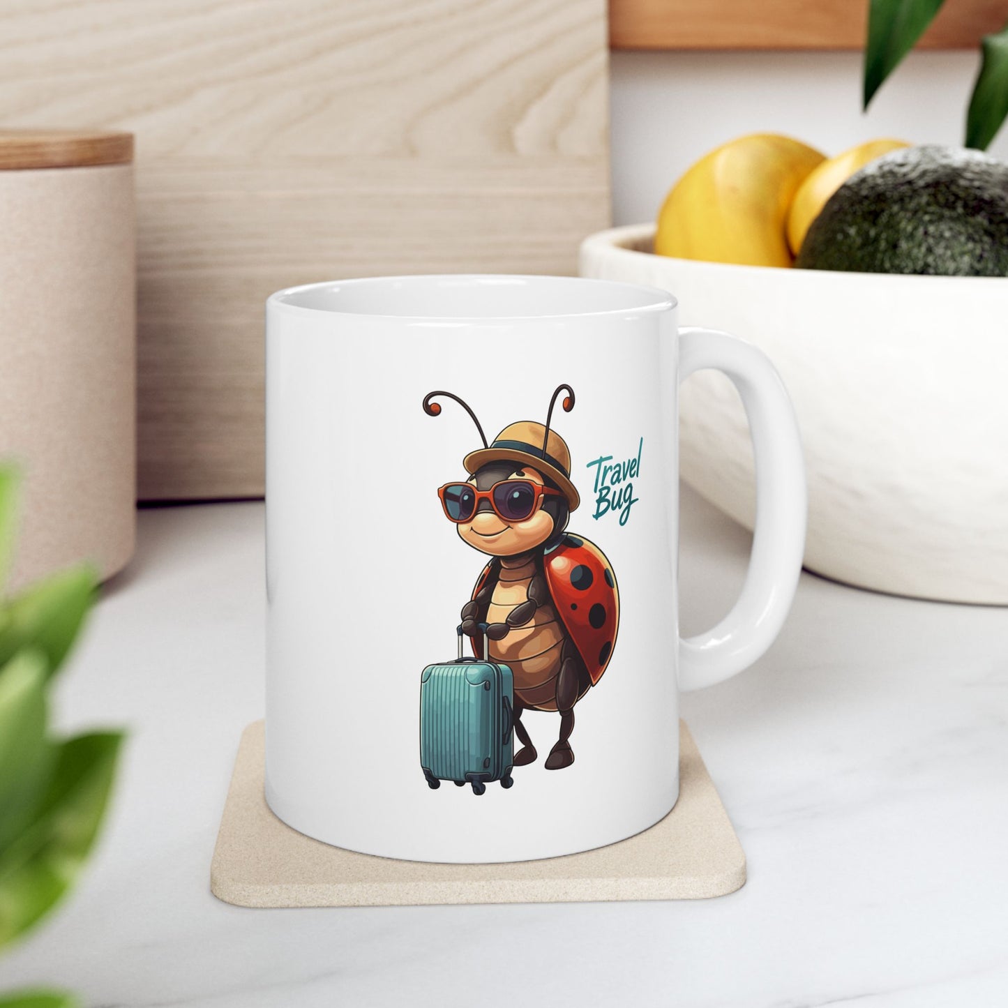 Travel Bug Coffee Mug – Cute Ladybug Traveler Ceramic Mug, Whimsical Travel Gift, Eco-Friendly Kitchen Cup for Bug Lovers