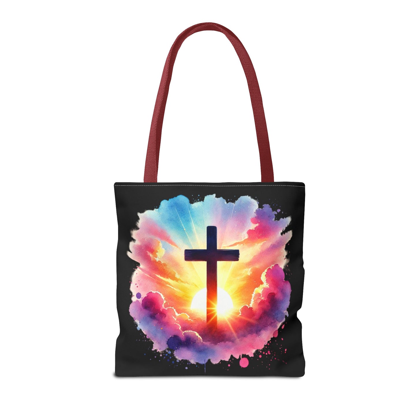 Inspirational Watercolor Sunrise Cross Tote Bag – Faith Art Canvas Tote, Christian Gift, Spiritual Aesthetic, Colorful Bible Verse Tote – Reusable Black Tote