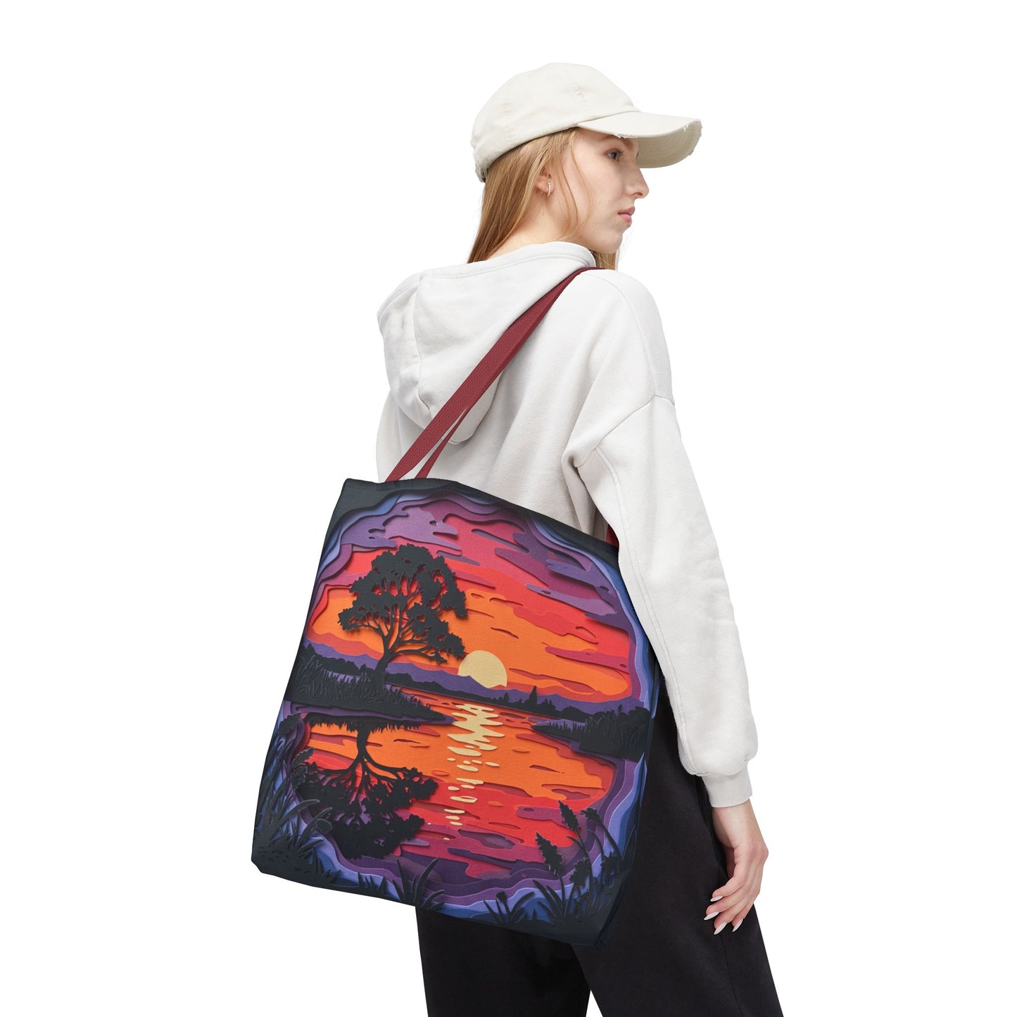Sunset Landscape Canvas Tote Bag – Paper‑Art Inspired Nature Scene Tote – Colorful Sunset Market Tote, Eco Reusable Beach Bag, Vibrant Gift for Her