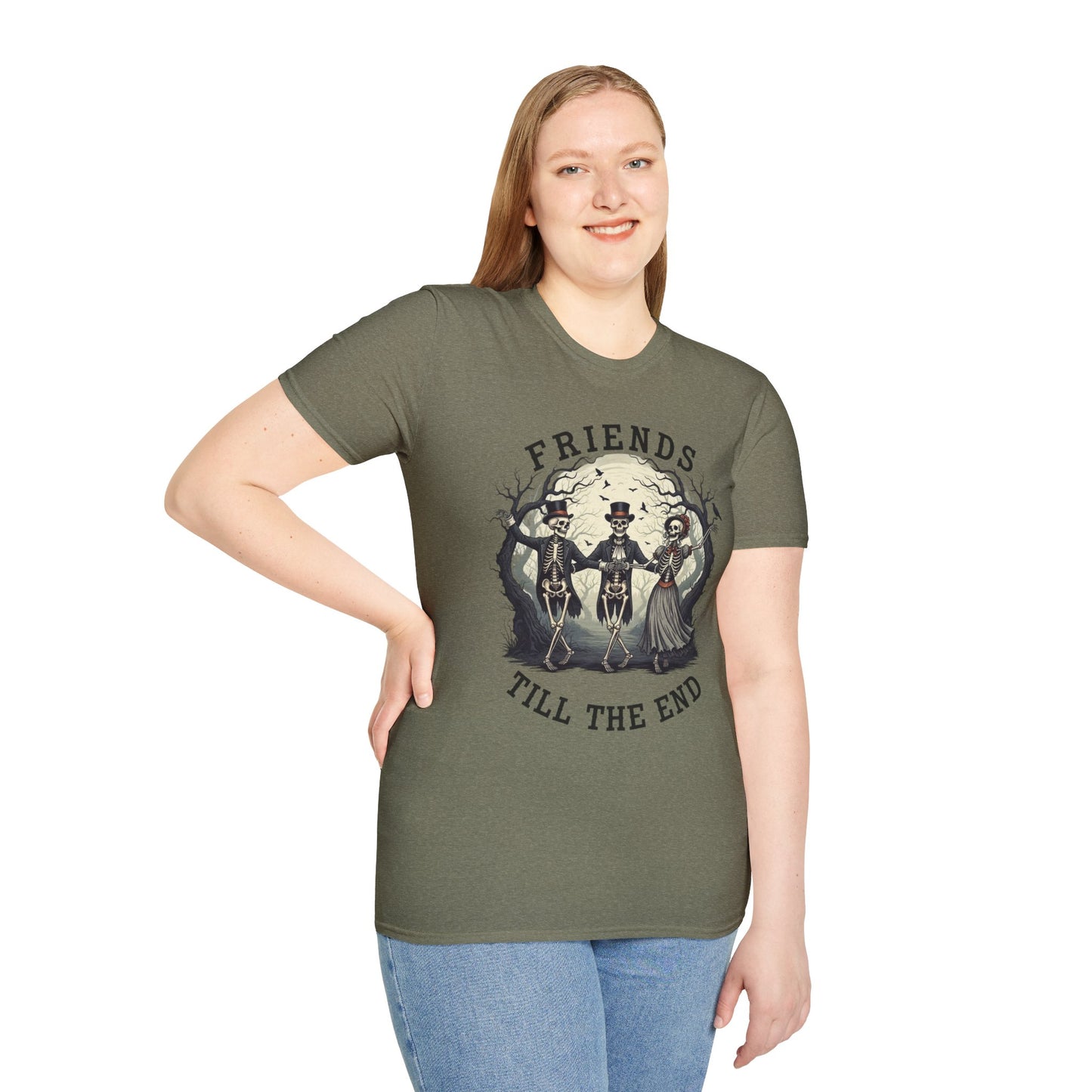 Friends Till The End Skeleton Tee | Dancing Skeleton Friends Shirt | Halloween Gothic BFF Gift | Unisex Heather Grey Graphic T-Shirt