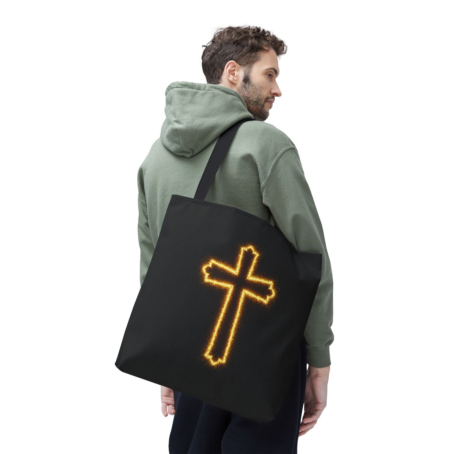 Christian Cross Tote Bag | Glowing Light Faith Bag | Inspirational Religious Gift | Black Canvas Tote | Spiritual Reusable Shopper