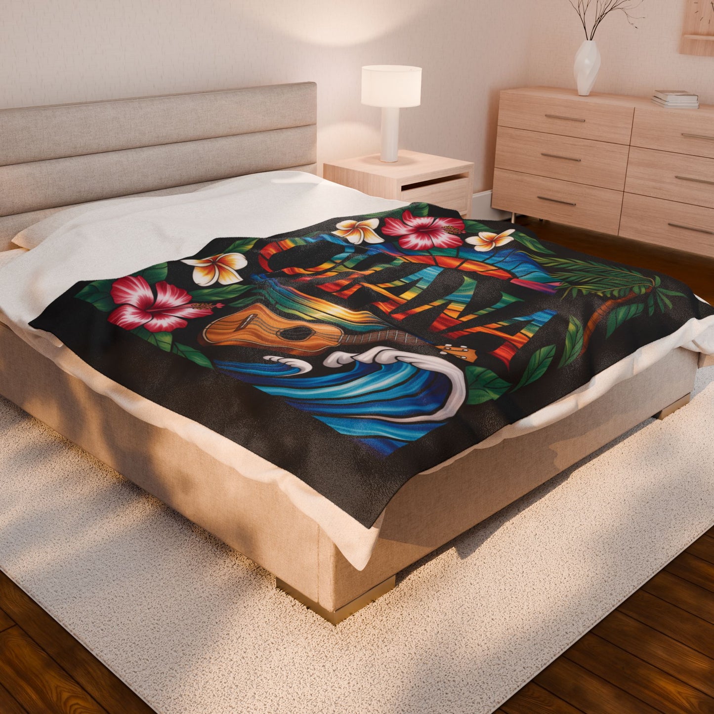 Hawaiian Ohana Blanket - Tropical Ukulele Sunset Throw with Hibiscus Flowers, Beach Waves - Cozy Island Vibes Bed Cover Gift