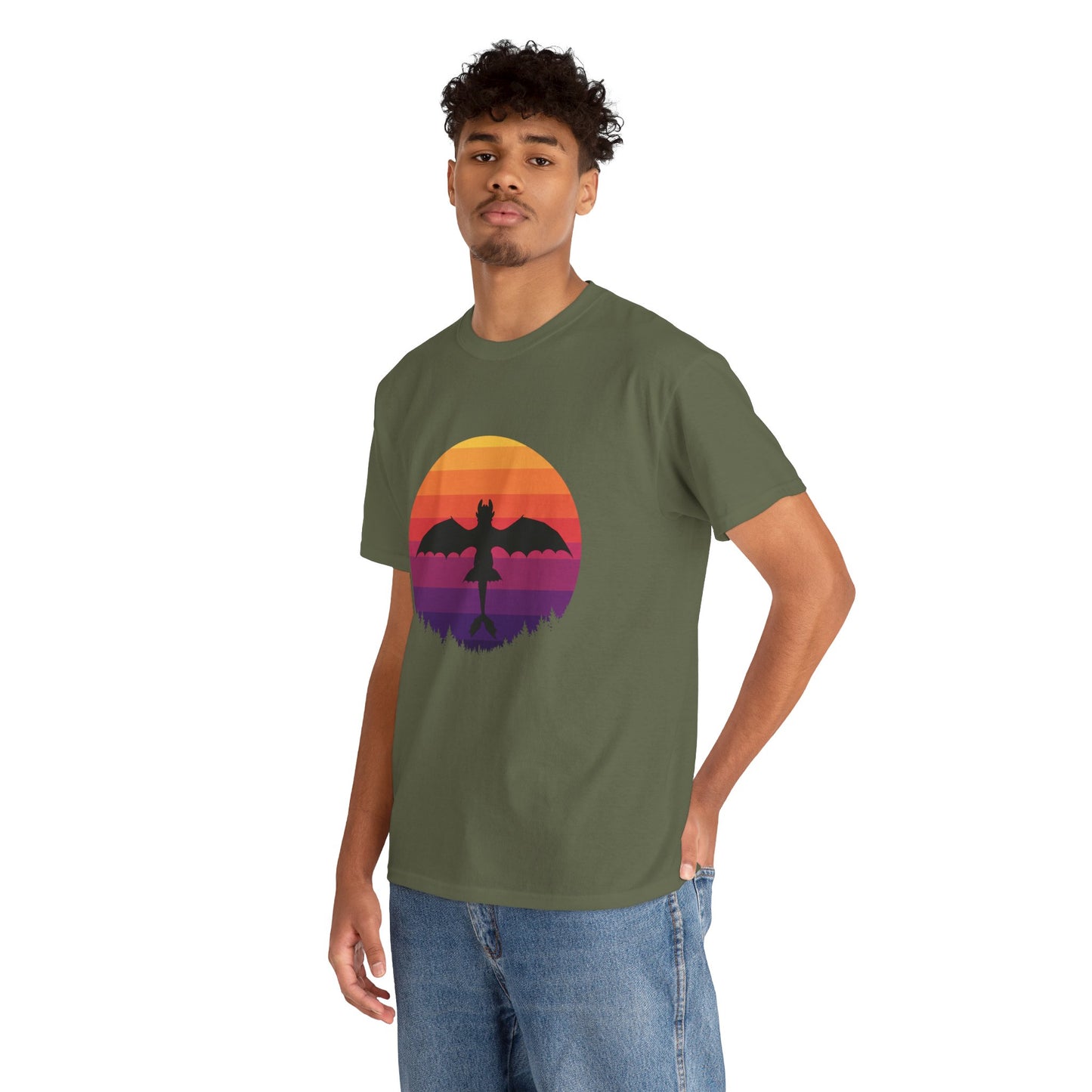 Night Dragon Sunset T-Shirt | Retro Dragon Silhouette Tee | Fantasy Dragon Shirt | Unisex Graphic Tee | Gift for Dragon Lovers