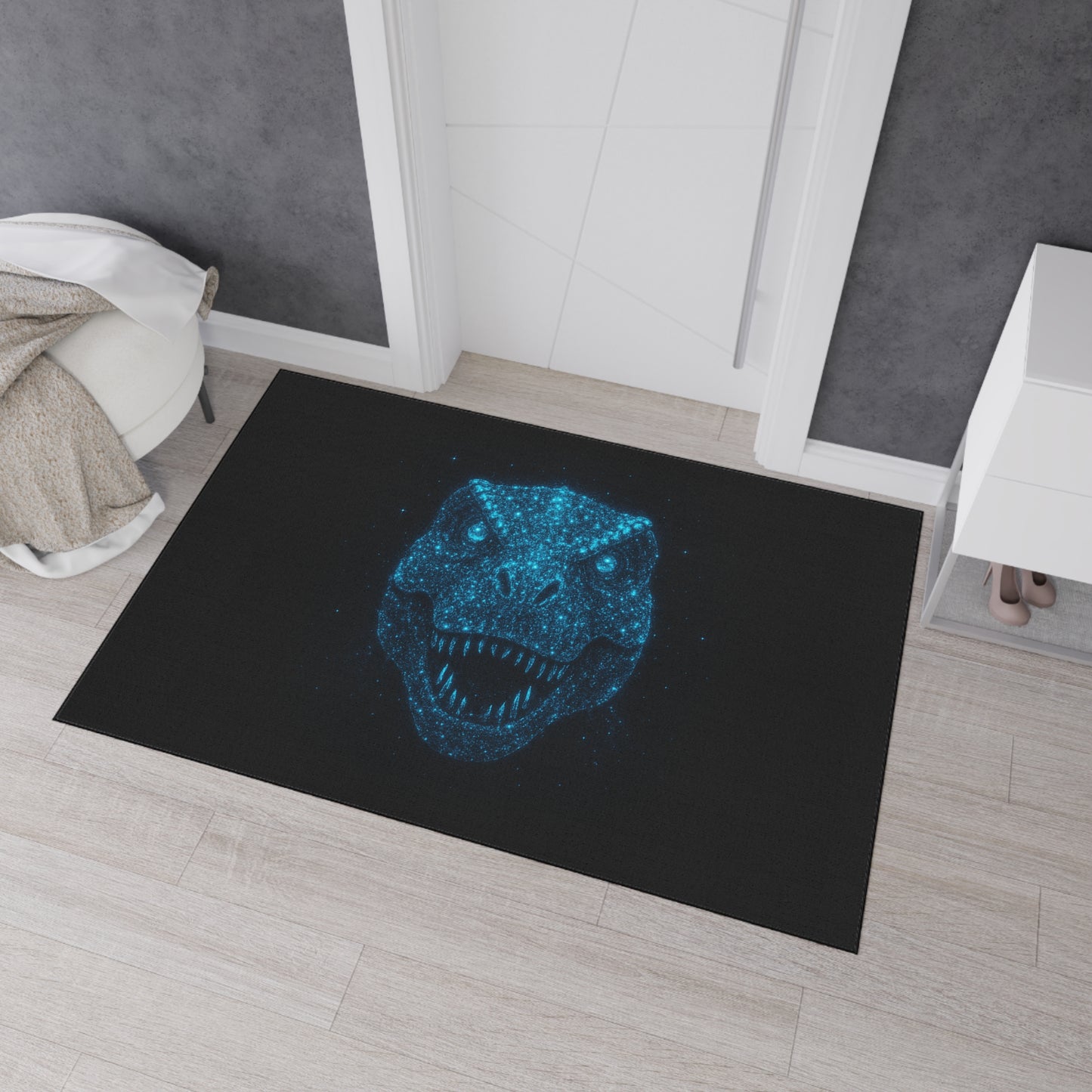 Bioluminescent-Style T-Rex Doormat – Neon Blue Dinosaur Skull Rug, Bold Dinosaur Door Mat, Non-Slip Entryway Rug, Unique Gift for Dino Lovers